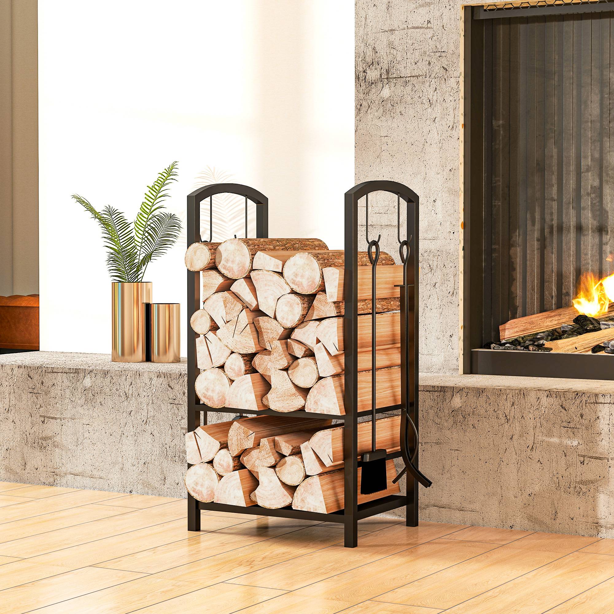 ComfortXL - Porte-bûches acier noir 40 x 30 x 74,5 cm 2 niveaux avec 4 accessoires pour cheminée rangement charge 100 kg - Image 1