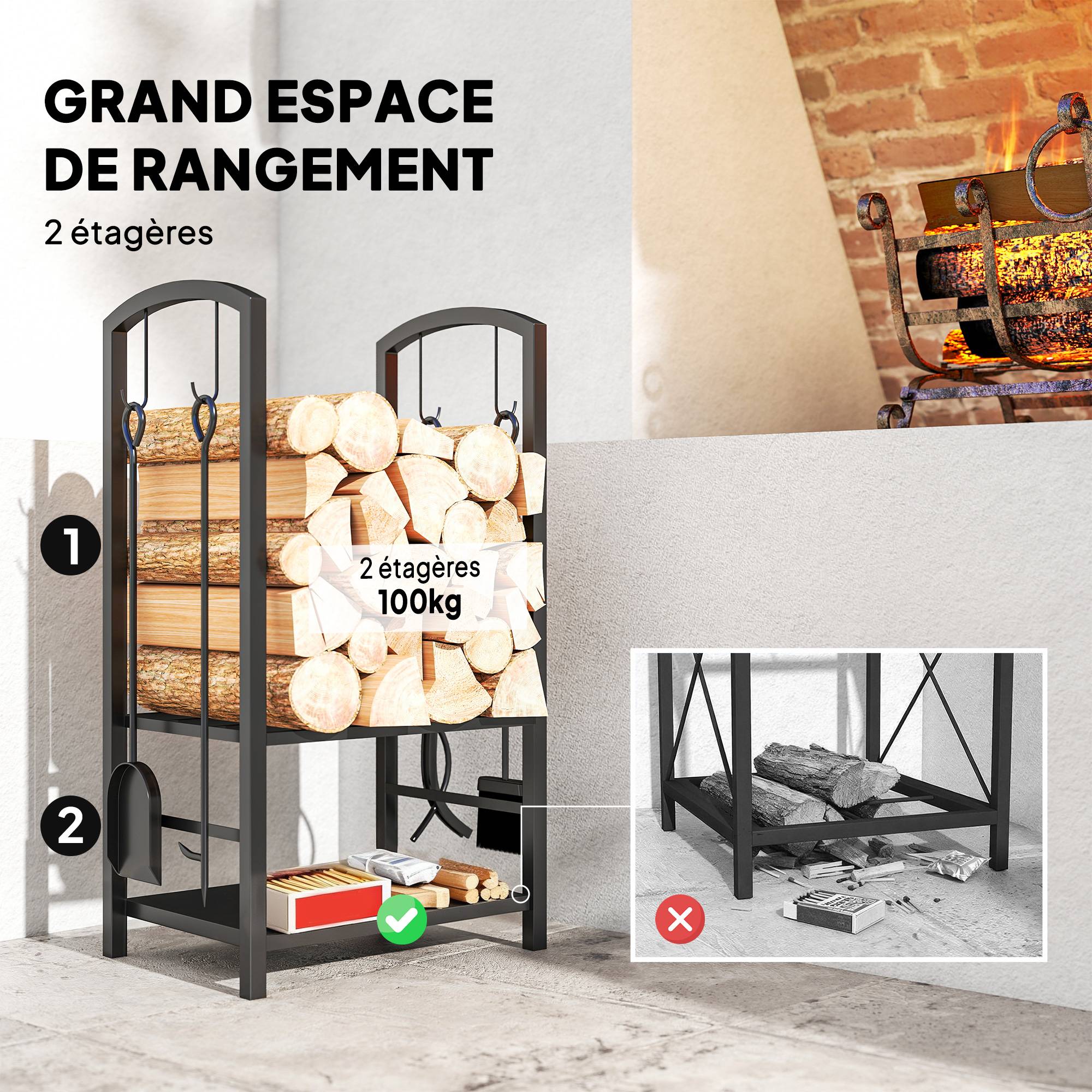 ComfortXL - Serviteur de cheminée range-bûches en métal noir 40 x 30 x 74,5 cm avec 2 étagères et 4 outils pour foyer - Image 4