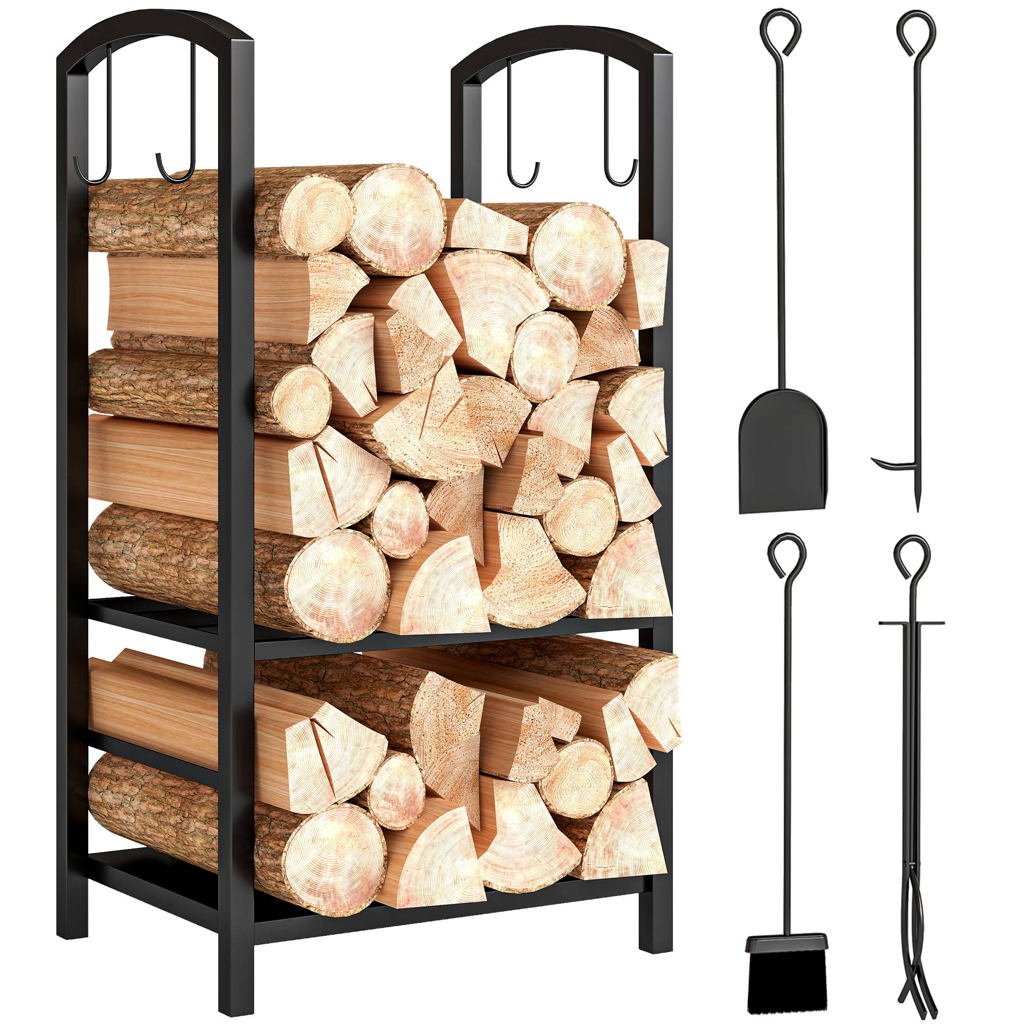 ComfortXL - Serviteur de cheminée range-bûches en métal noir 40 x 30 x 74,5 cm avec 2 étagères et 4 outils pour foyer - Image 2