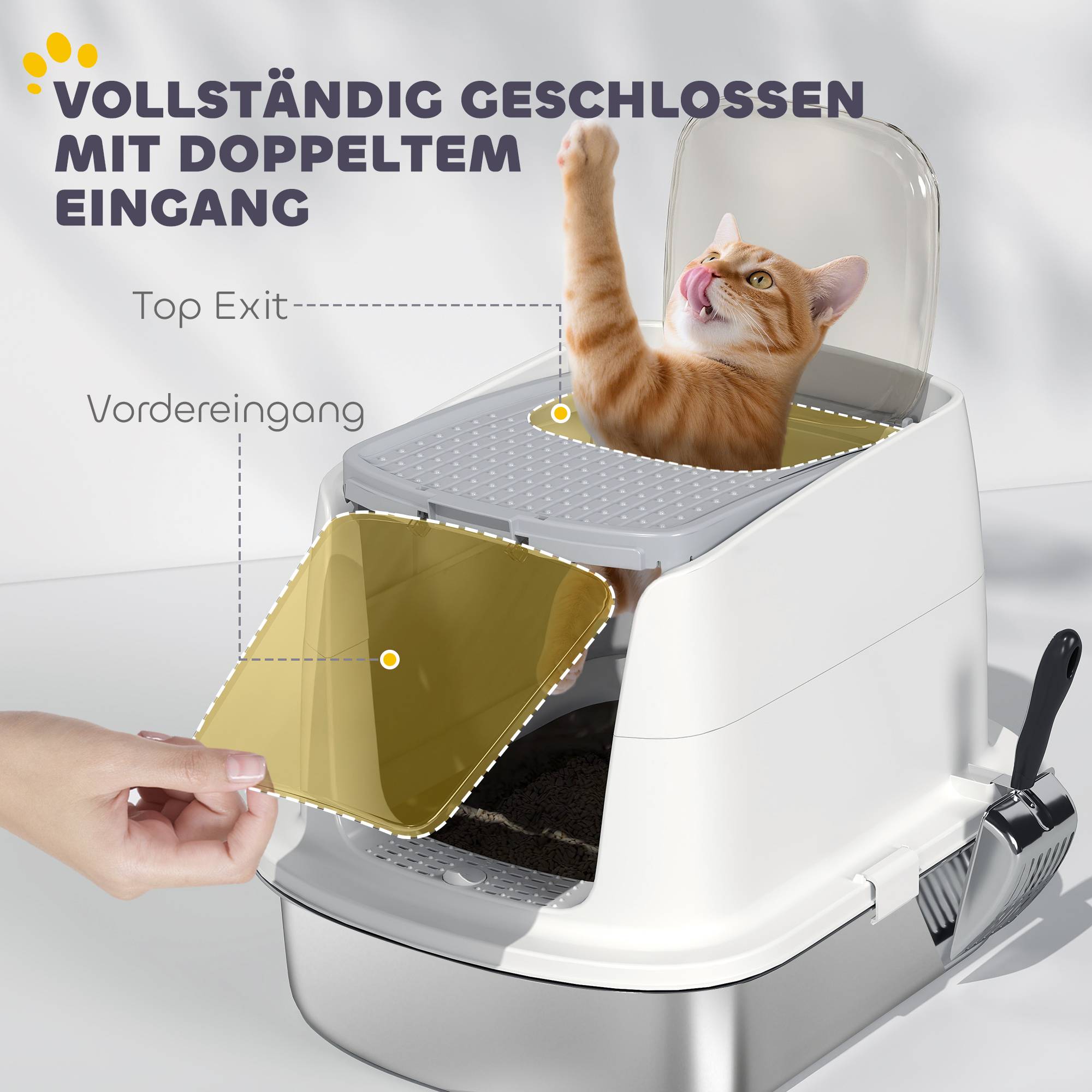 Bac à litière pour chat en acier inoxydable, bac à litière fermé avec pelle, sac anti-odeurs, entrée/sortie - Image 7