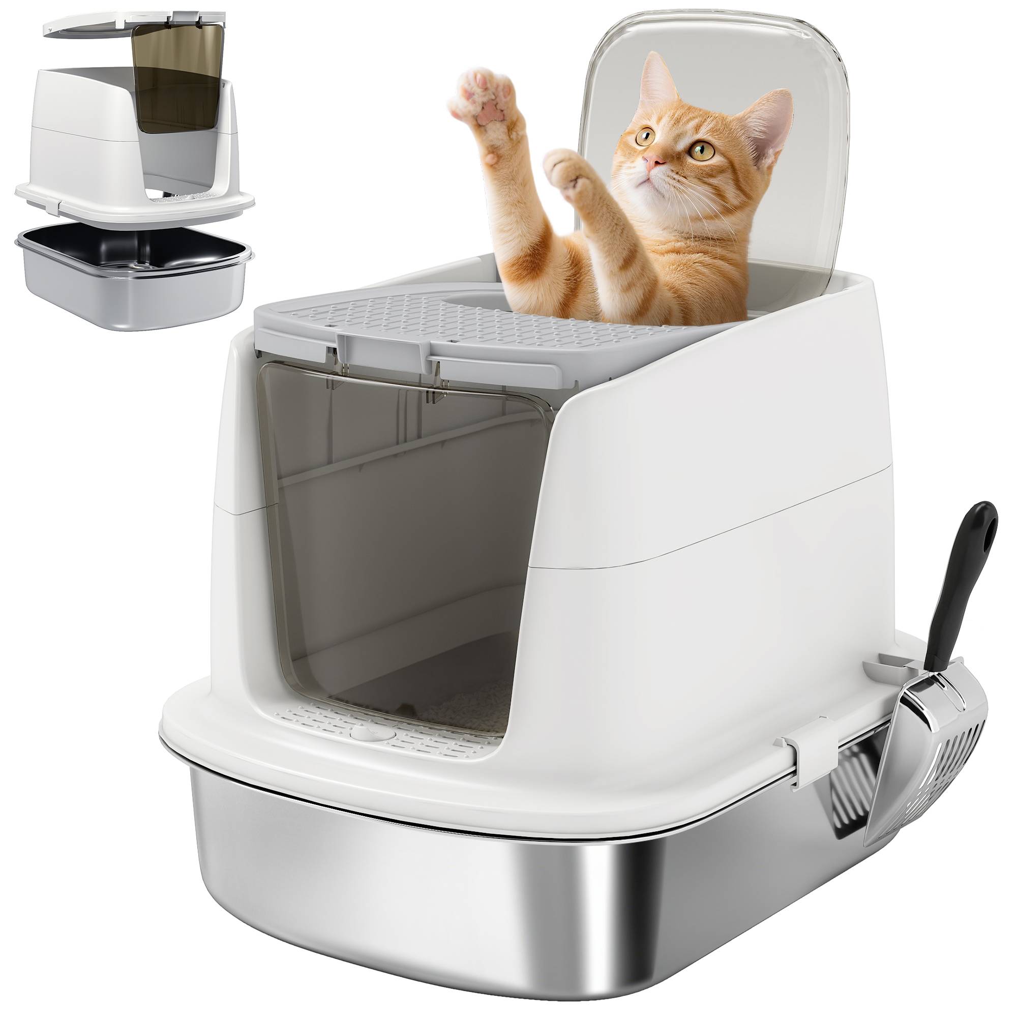 Bac à litière pour chat en acier inoxydable, bac à litière fermé avec pelle, sac anti-odeurs, entrée/sortie - Image 1