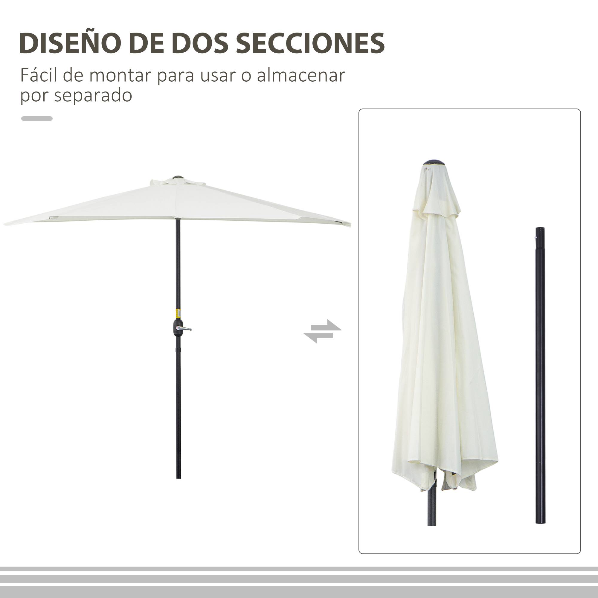 Parasol de jardin 269 x 138 x 236 cm avec manivelle et forme semi-circulaire, toile polyester 180 g/m² pour terrasse, patio et piscine, couleur crème - Image 9
