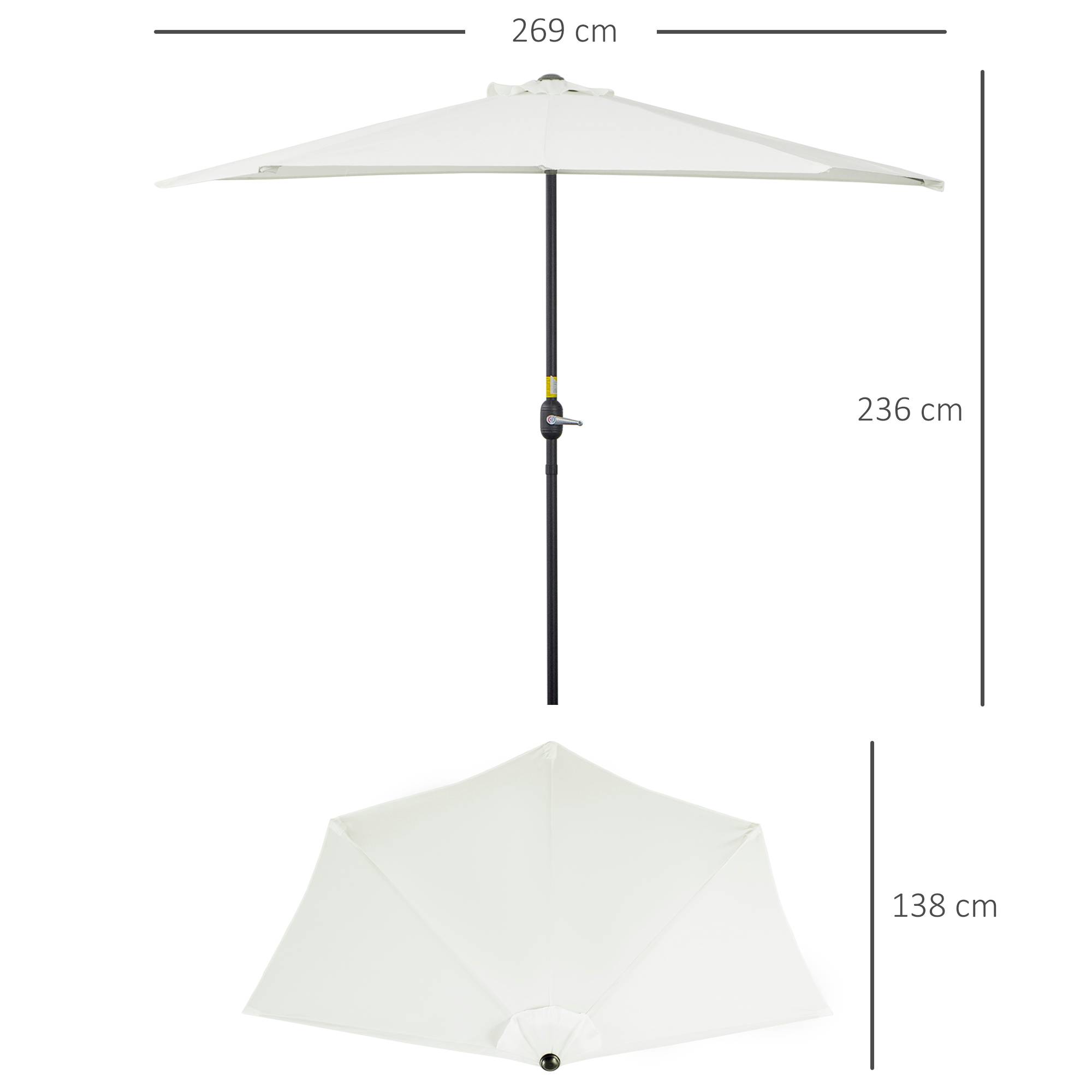 Parasol de jardin 269 x 138 x 236 cm avec manivelle et forme semi-circulaire, toile polyester 180 g/m² pour terrasse, patio et piscine, couleur crème - Image 5
