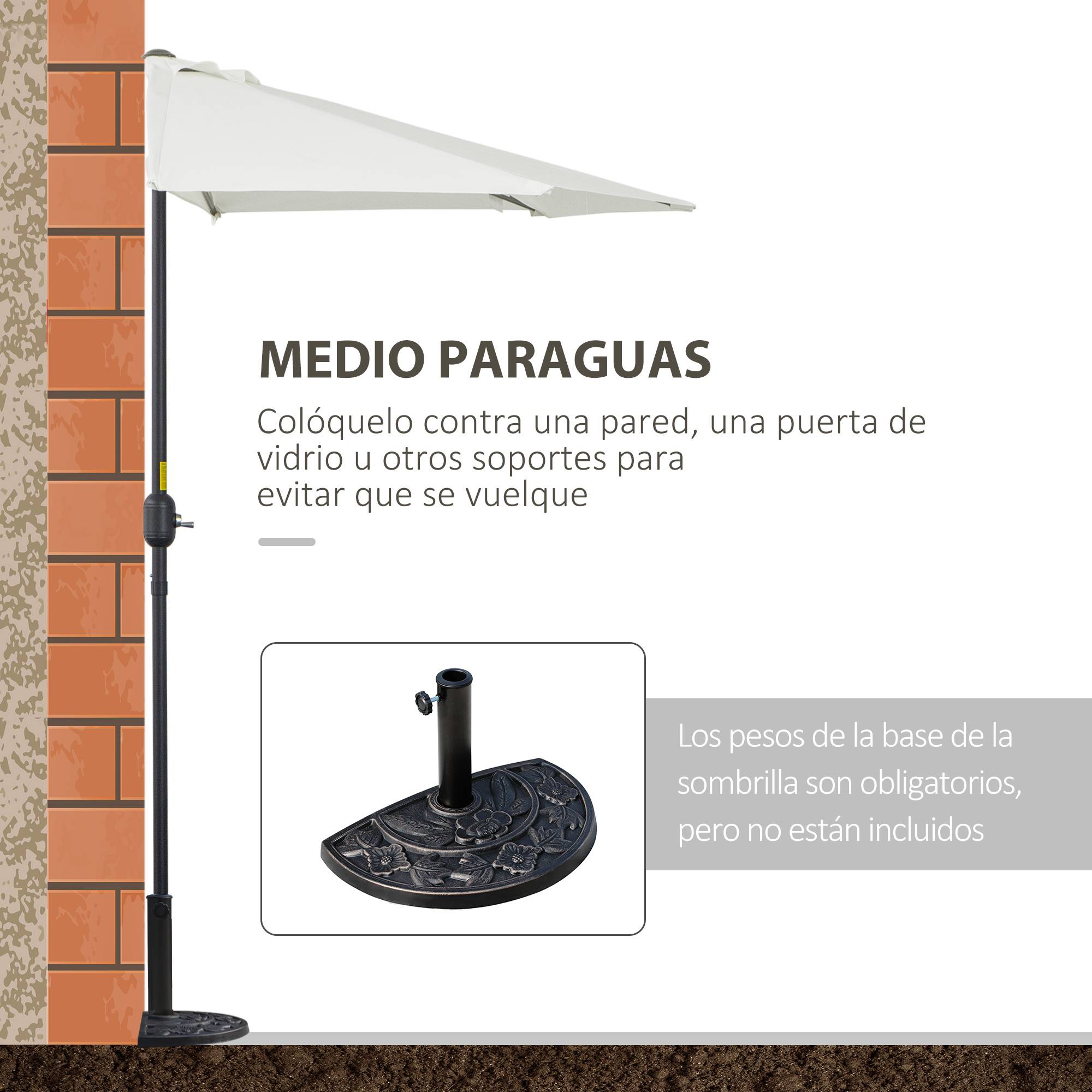 Parasol de jardin 269 x 138 x 236 cm avec manivelle et forme semi-circulaire, toile polyester 180 g/m² pour terrasse, patio et piscine, couleur crème - Image 7