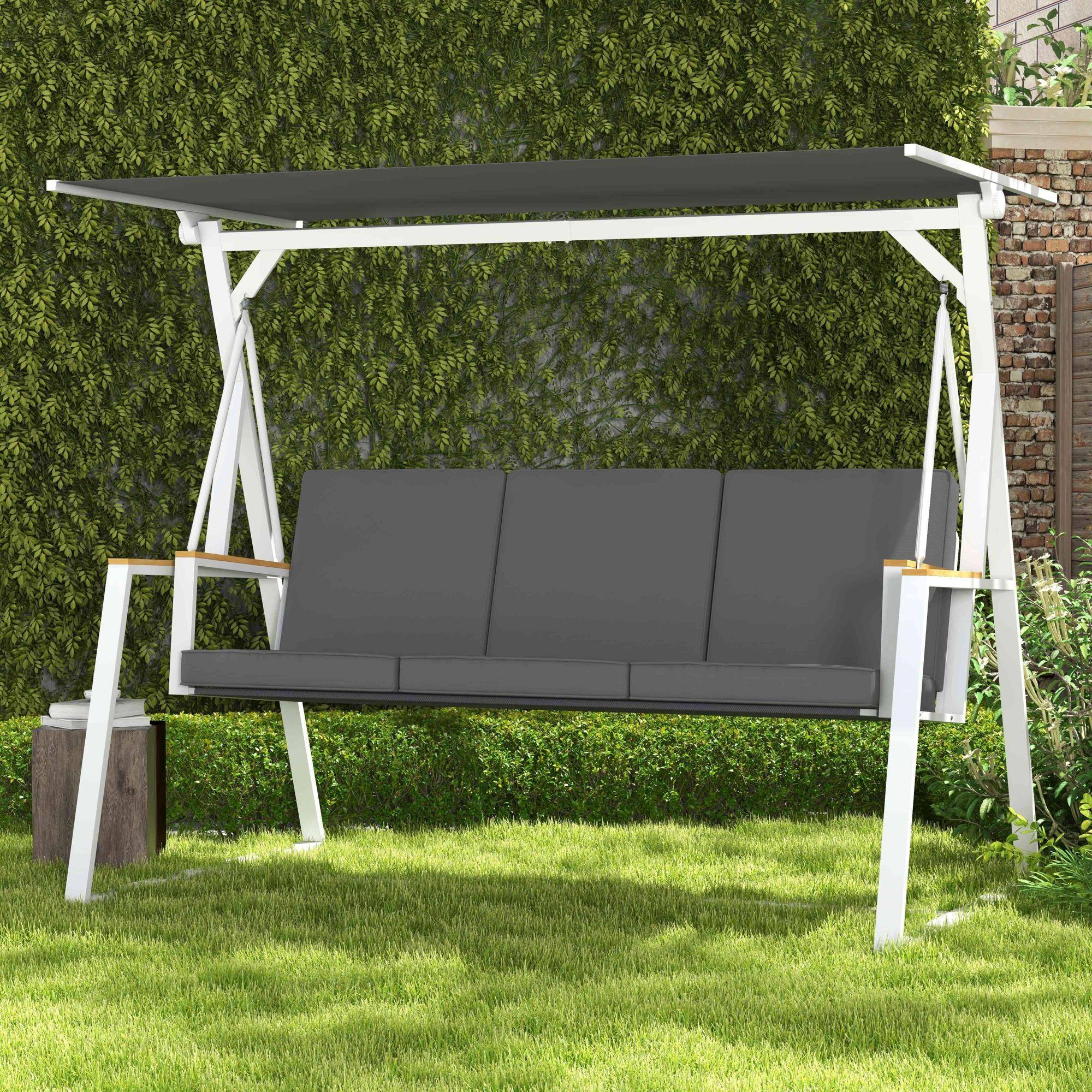 Balancelle de jardin 3 places avec toit inclinaison réglable matelas fourni dim. 205L x 130l x 175H cm gris foncé - Image 3