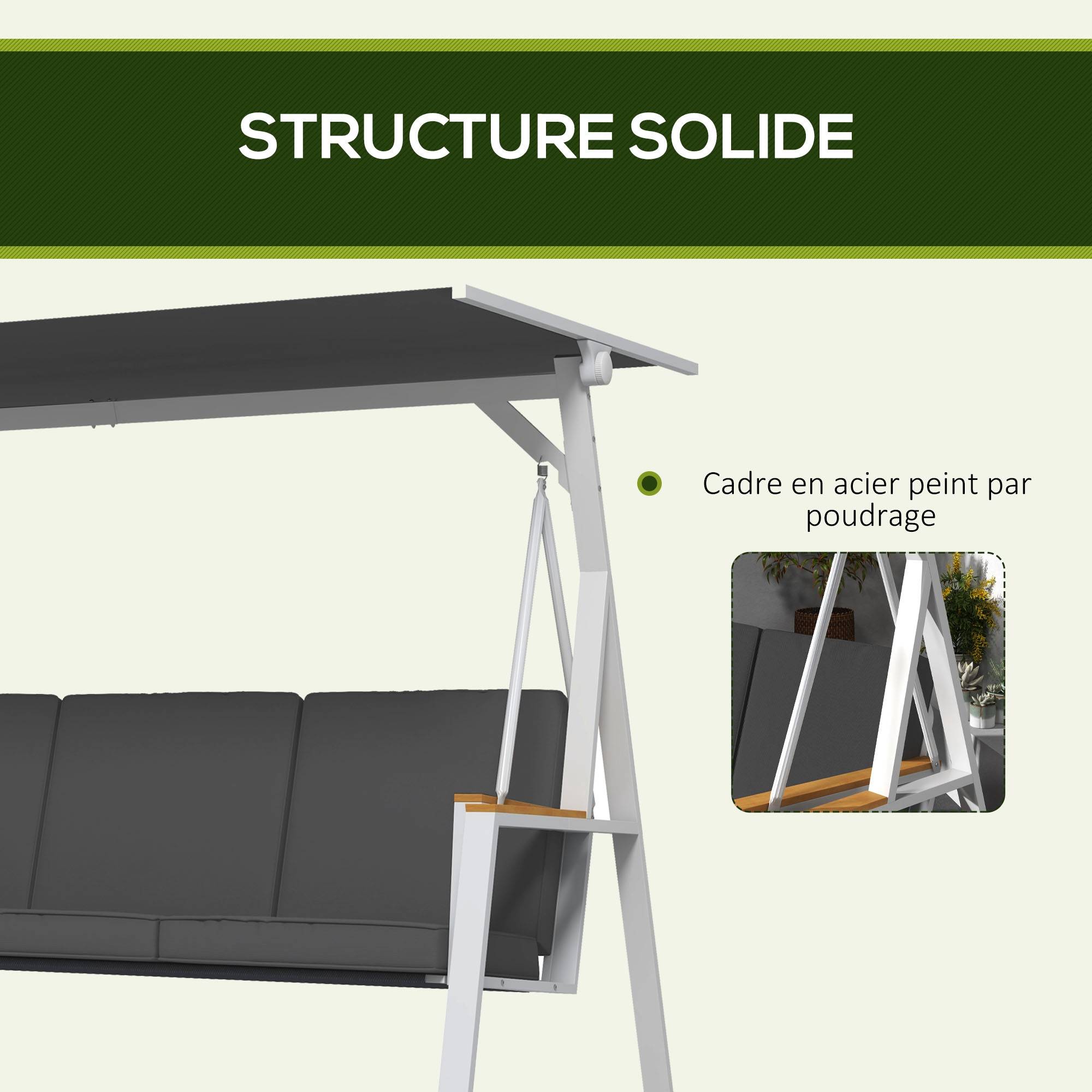 Balancelle de jardin 3 places avec toit inclinaison réglable matelas fourni dim. 205L x 130l x 175H cm gris foncé - Image 9