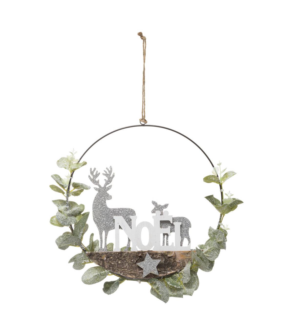 Fééric Lights & Christmas - Couronne avec branche de Noël et Rennes argent pailleté D 28 cm