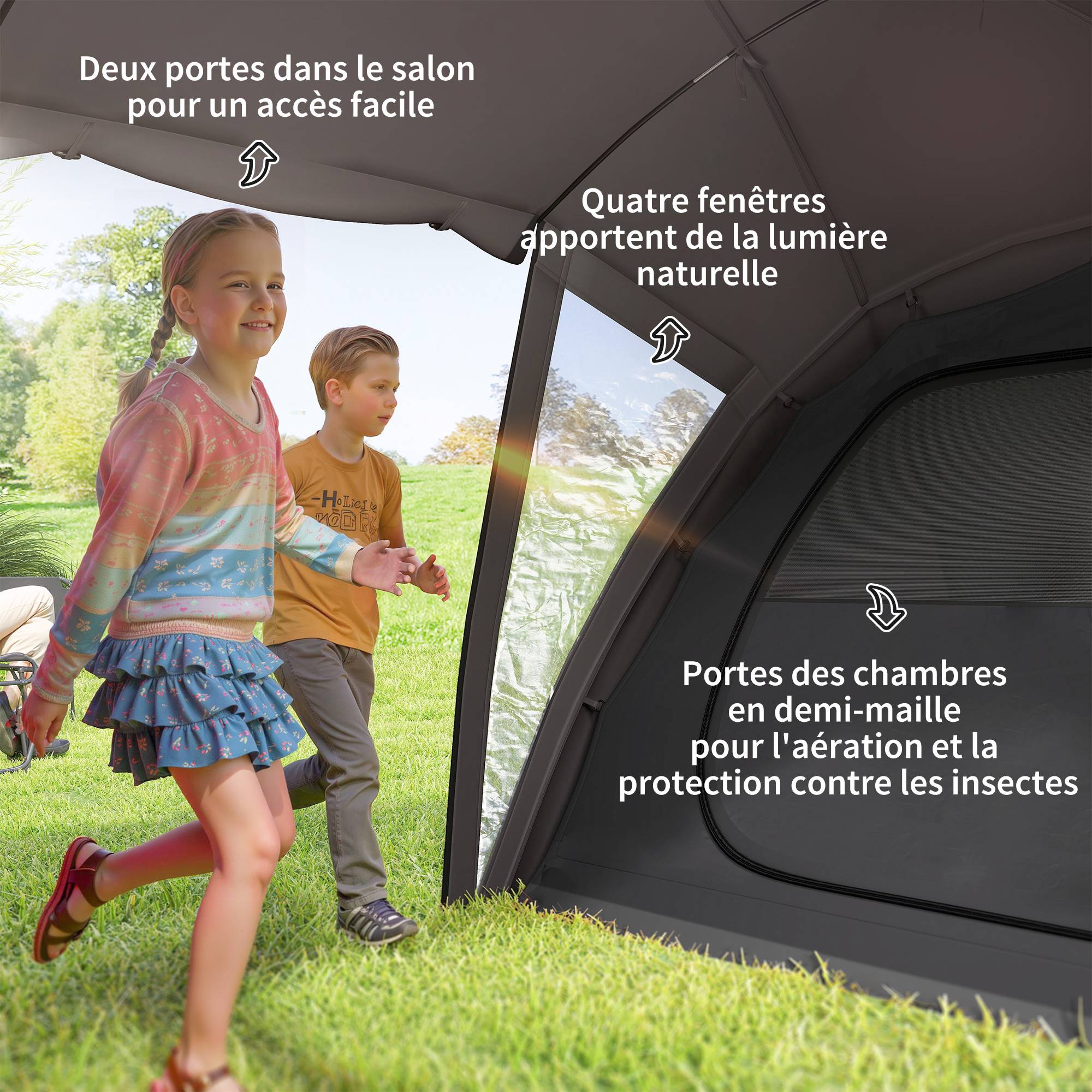 Tente familiale camping 4-6 personnes tunnel imperméable 3000 mm avec 2 portes, sac noire - Image 8