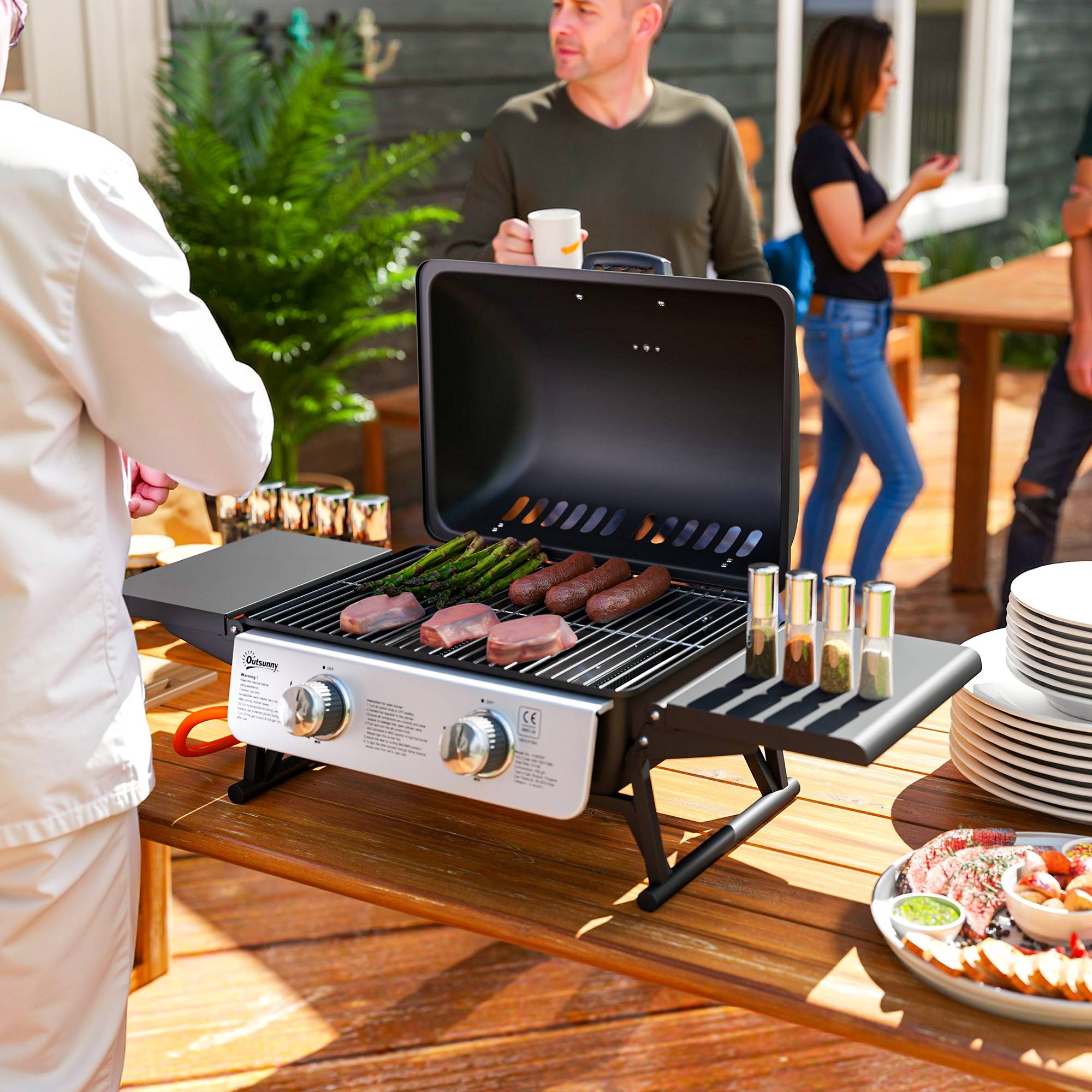 Barbecue à gaz portable avec 2 brûleurs et couvercle avec thermomètre, noir - Image 3