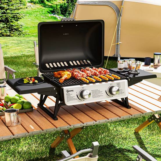 Barbecue à gaz portable avec 2 brûleurs et couvercle avec thermomètre, noir - Image 4