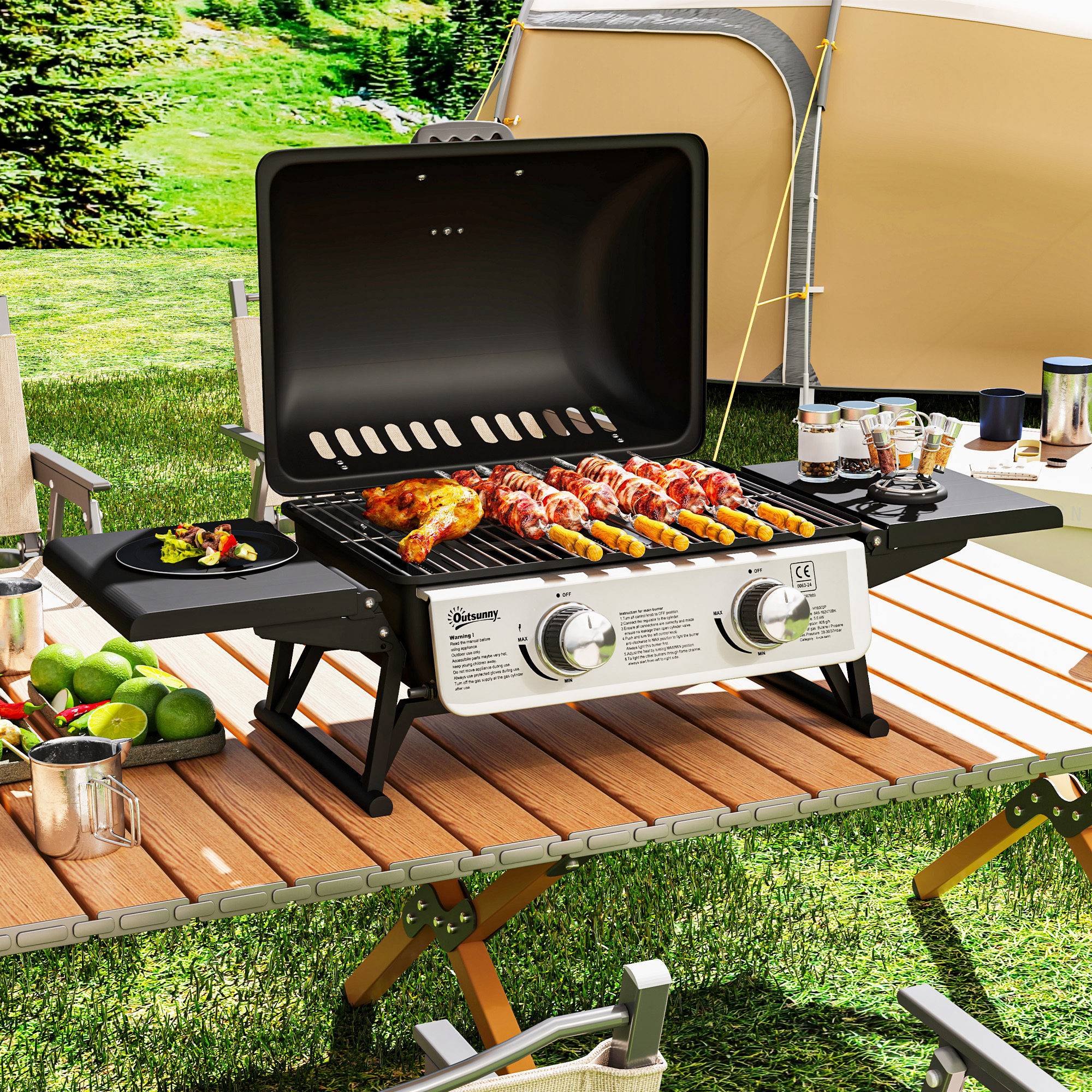 Barbecue à gaz portable avec 2 brûleurs et couvercle avec thermomètre, noir - Image 4