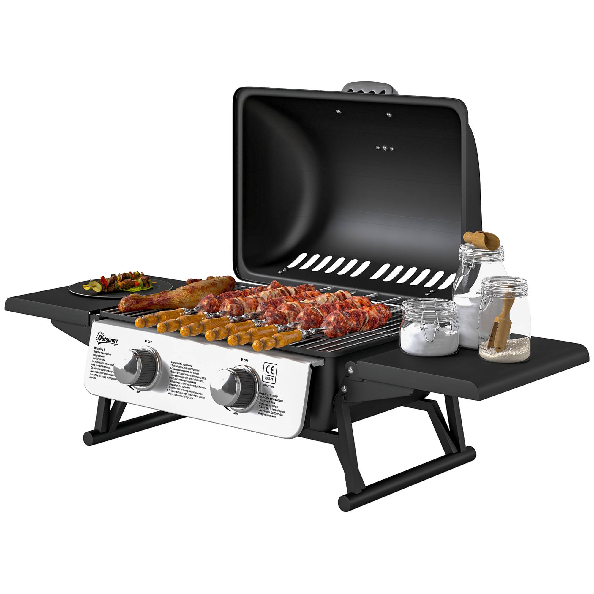 Barbecue à gaz portable avec 2 brûleurs et couvercle avec thermomètre, noir - Image 2
