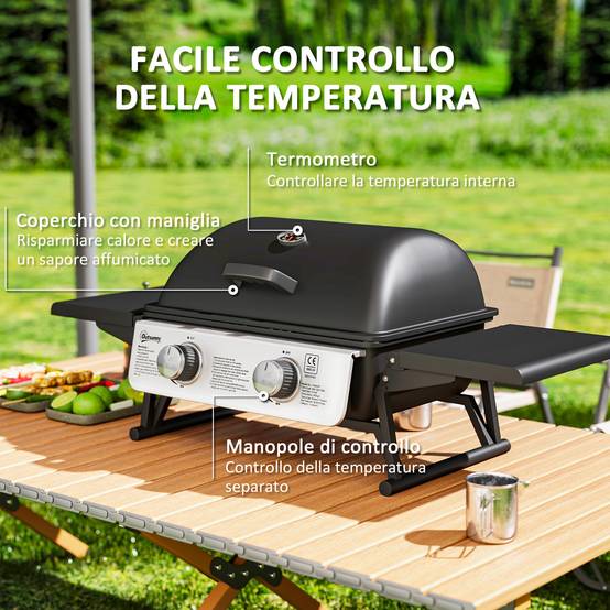 Barbecue à gaz portable avec 2 brûleurs et couvercle avec thermomètre, noir - Image 8