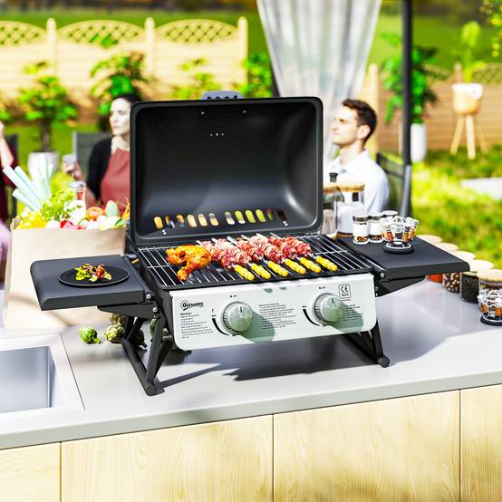 Barbecue à gaz portable avec 2 brûleurs et couvercle avec thermomètre, noir - Image 10