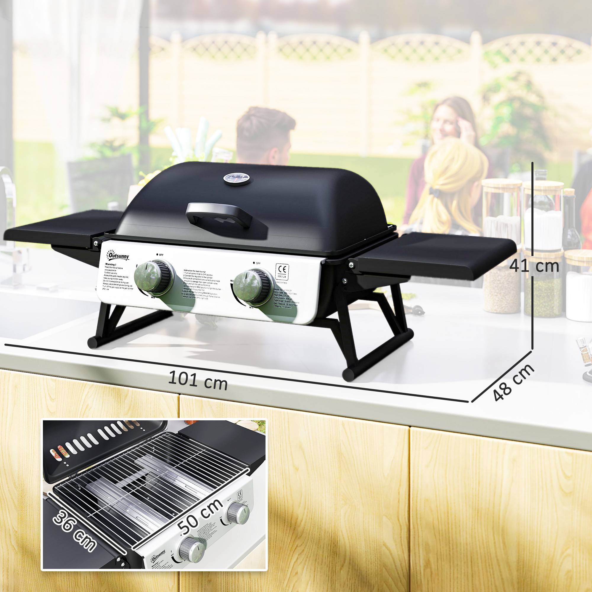 Barbecue à gaz portable avec 2 brûleurs et couvercle avec thermomètre, noir - Image 5