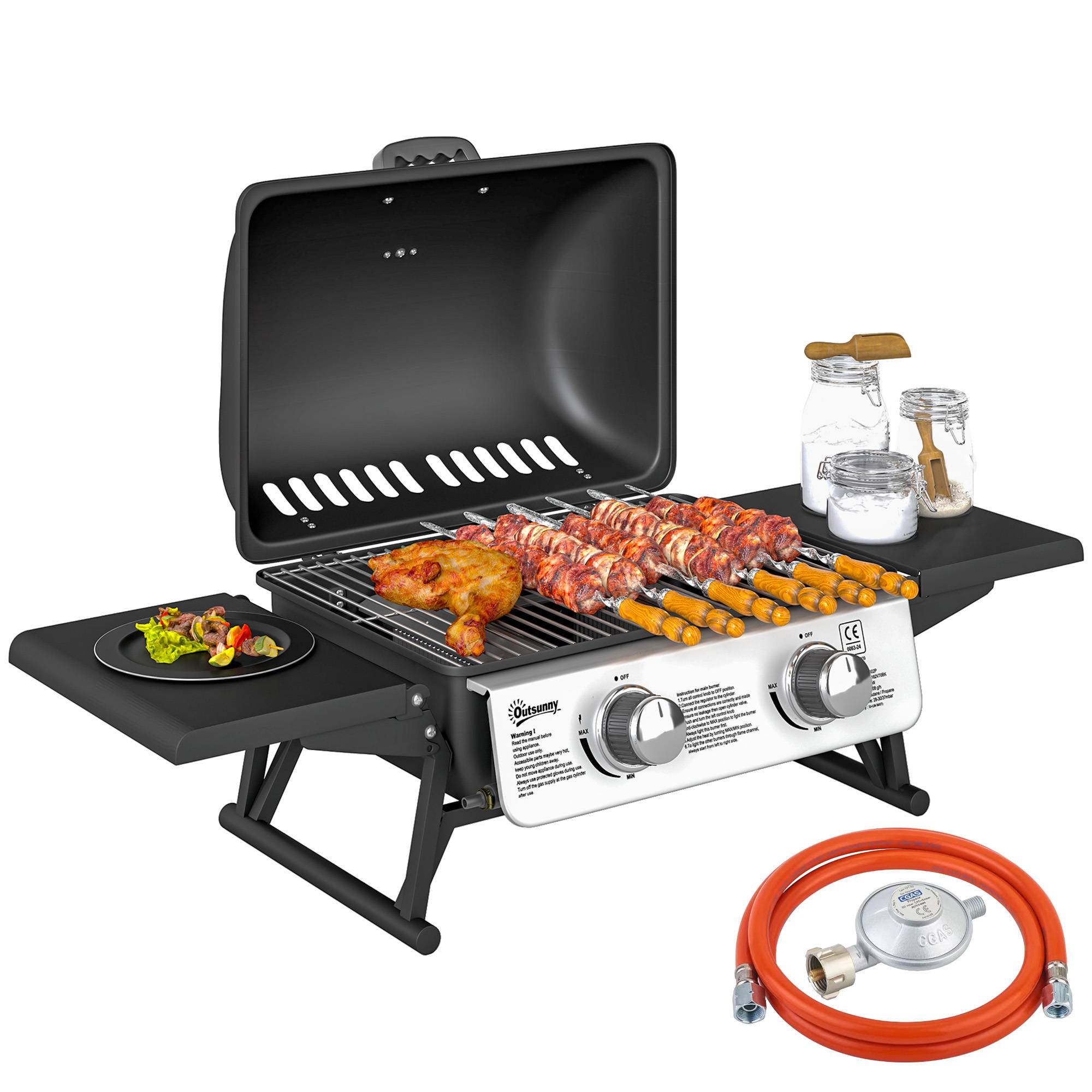 Barbecue à gaz portable avec 2 brûleurs et couvercle avec thermomètre, noir