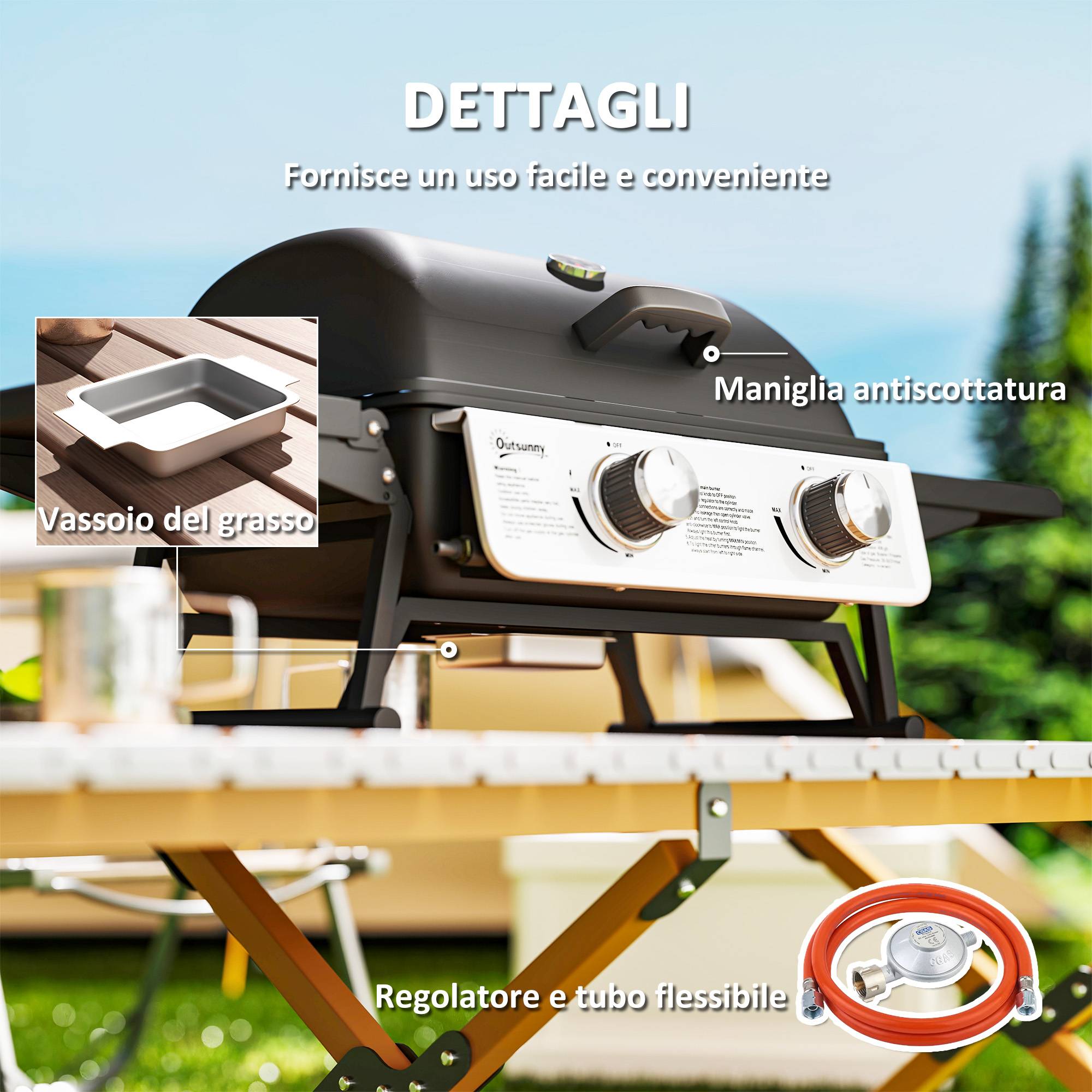 Barbecue à gaz portable avec 2 brûleurs et couvercle avec thermomètre, noir - Image 9