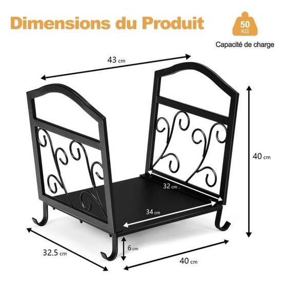 Range bûche intérieur porte-bûches métal charge 60 kg pour rangement bois intérieur porte bûche cheminée 43 x 40 x 32 cm - Image 2