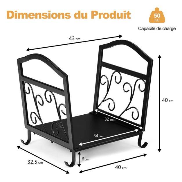 Range bûche intérieur porte-bûches métal charge 60 kg pour rangement bois intérieur porte bûche cheminée 43 x 40 x 32 cm - Image 2