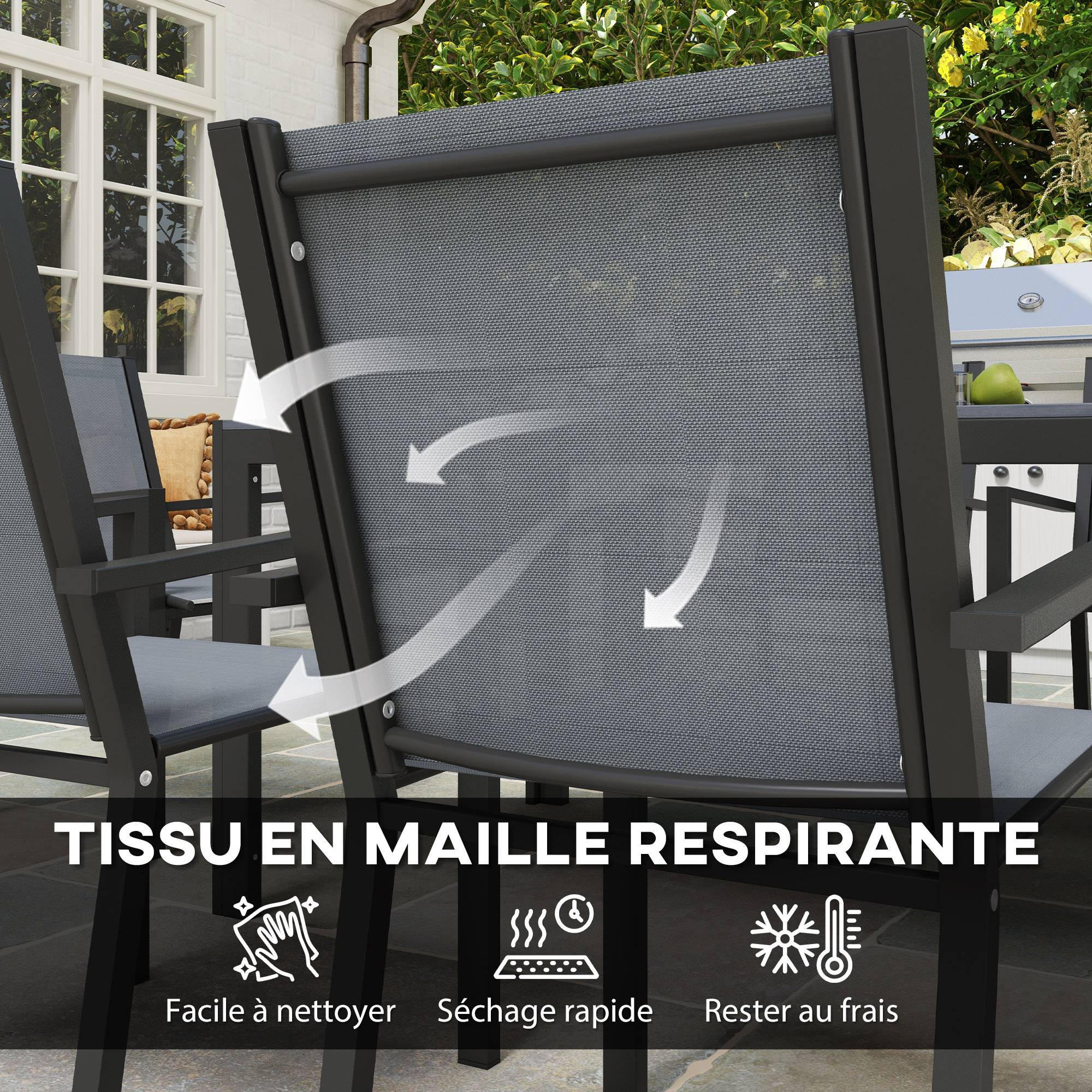 Outsunny - Ensemble de salle à manger pour 6 personnes chaises empilables dossiers hauts jardin extérieur cadres en acier gris - Outsunny - Image 6