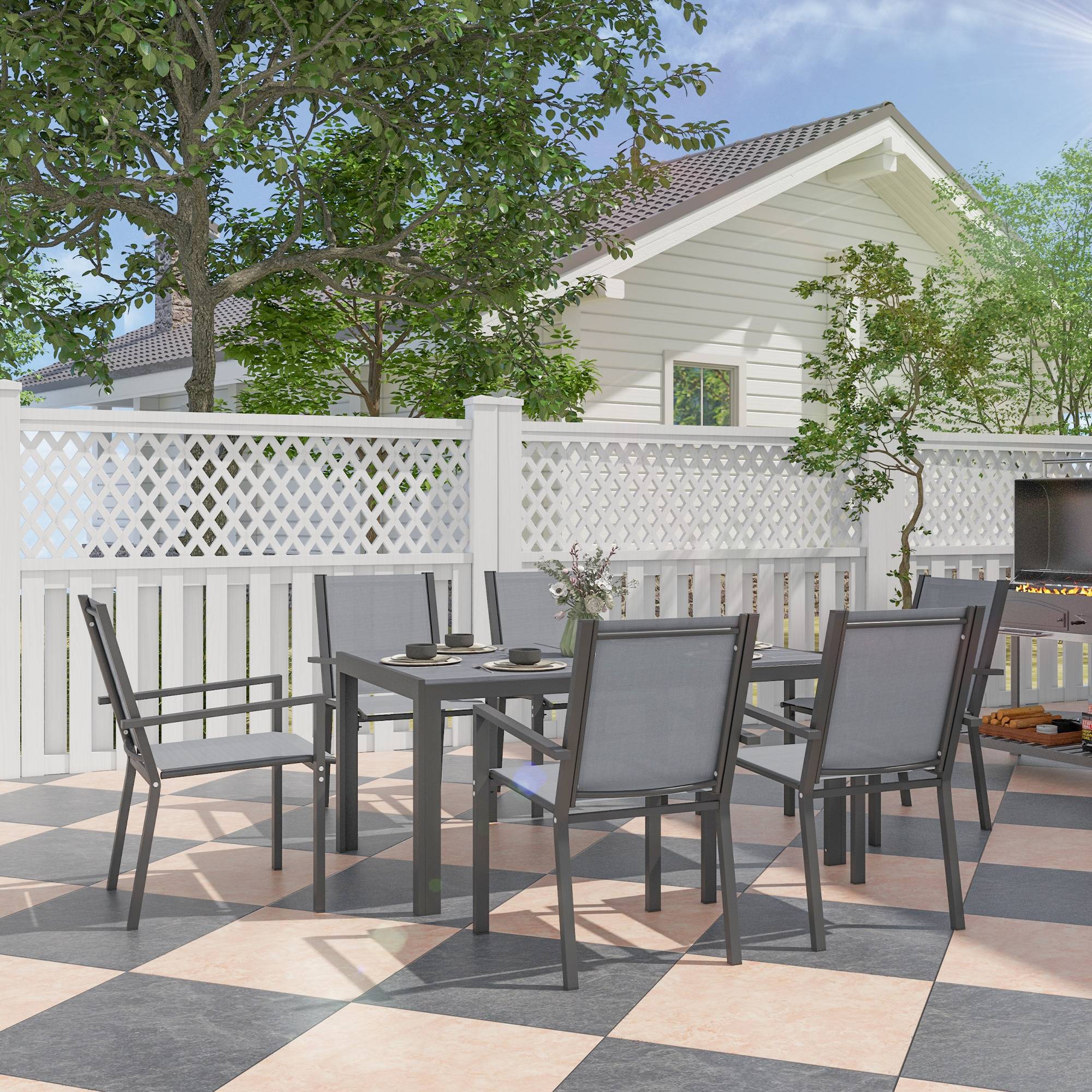 Outsunny - Ensemble de salle à manger pour 6 personnes chaises empilables dossiers hauts jardin extérieur cadres en acier gris - Outsunny - Image 2
