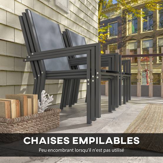 Outsunny - Ensemble de salle à manger pour 6 personnes chaises empilables dossiers hauts jardin extérieur cadres en acier gris - Outsunny - Image 5