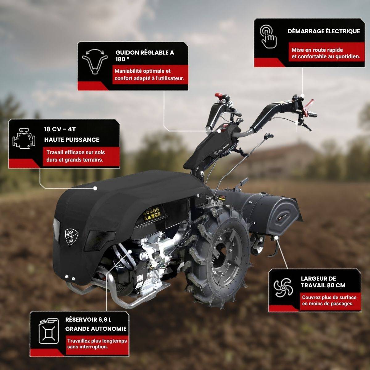 Motoculteur thermique Agricole 18CV 500Cm3 OHV 4T Démarrage électrique Fraises rotative 800mm Guidon réglable Lamborghini - Image 2