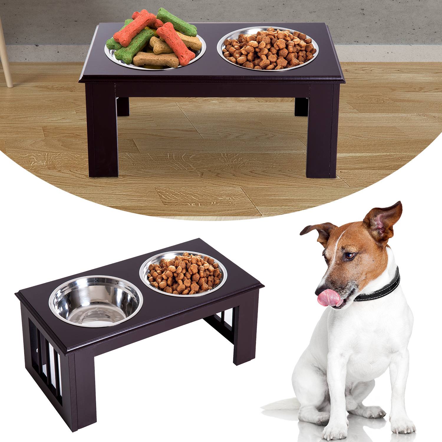 Support de gamelles pour chien MDF et acier gris 58.4 x 30.5 x 25.4 cm - PANGIVO - Image 3