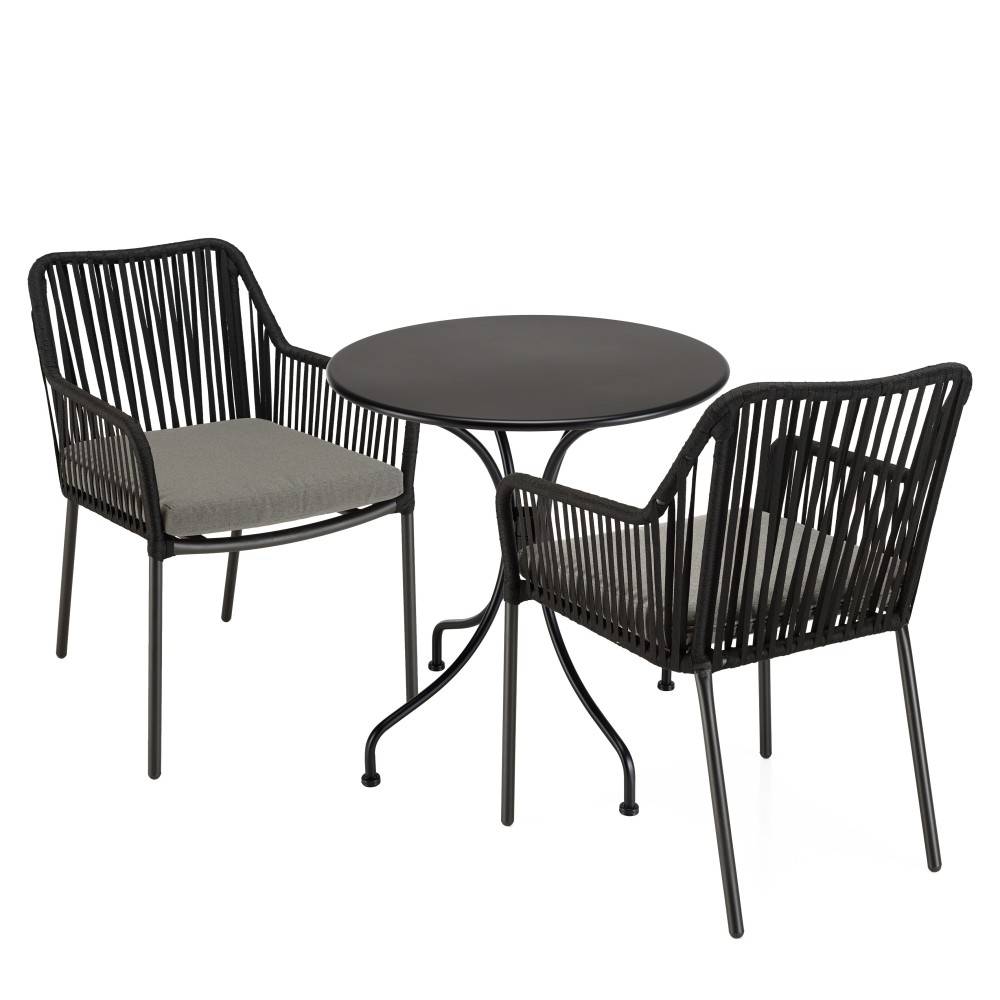 Macabane - MALO - Ensemble de jardin - Table diam 70cm + 2 fauteuils gris/noirs - Image 1