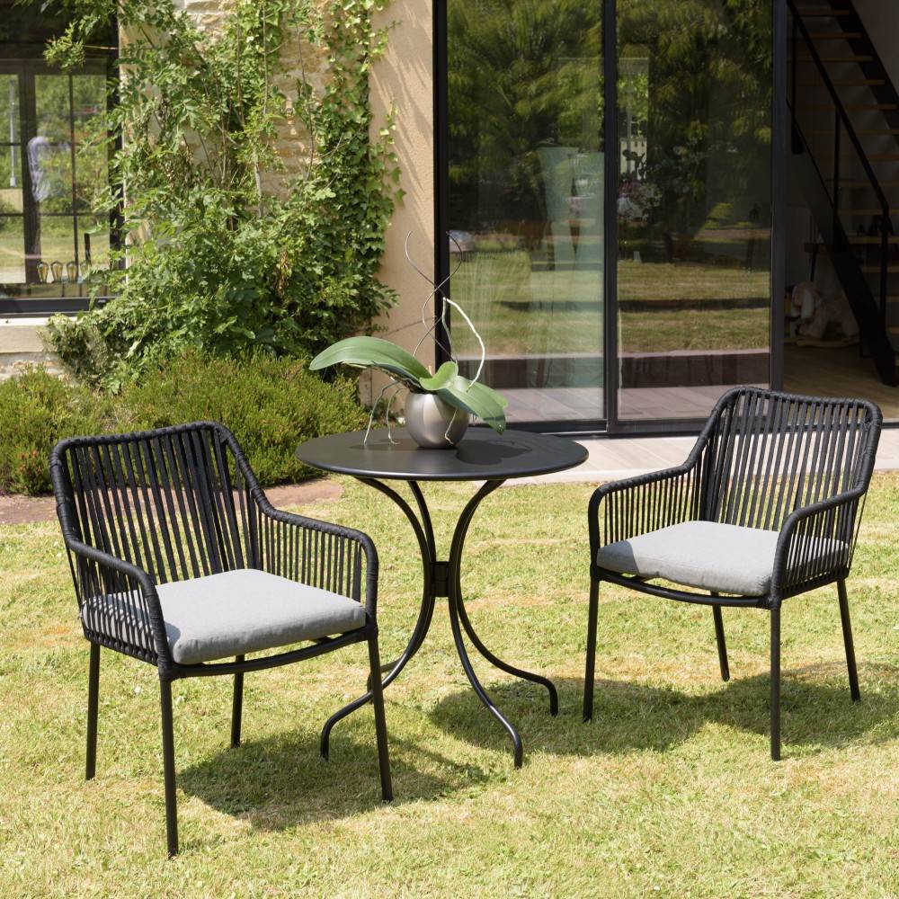 Macabane - MALO - Ensemble de jardin - Table diam 70cm + 2 fauteuils gris/noirs - Image 2