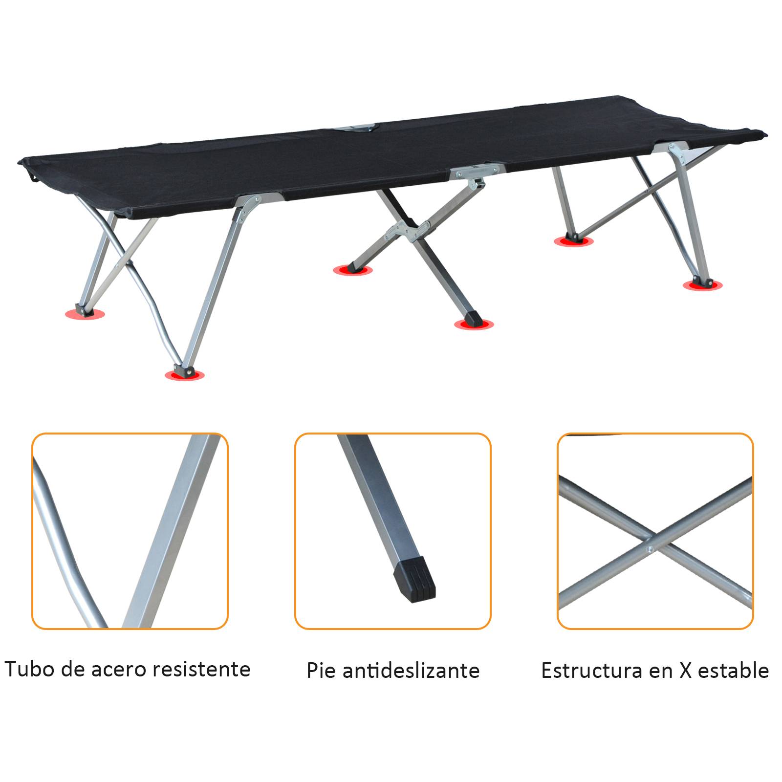 Lit de Camp Pliant Oxford 600D avec Armature Métal, 136 kg, Plage/Randonnée, 193 x 64 x 40 cm, Noir - Image 8