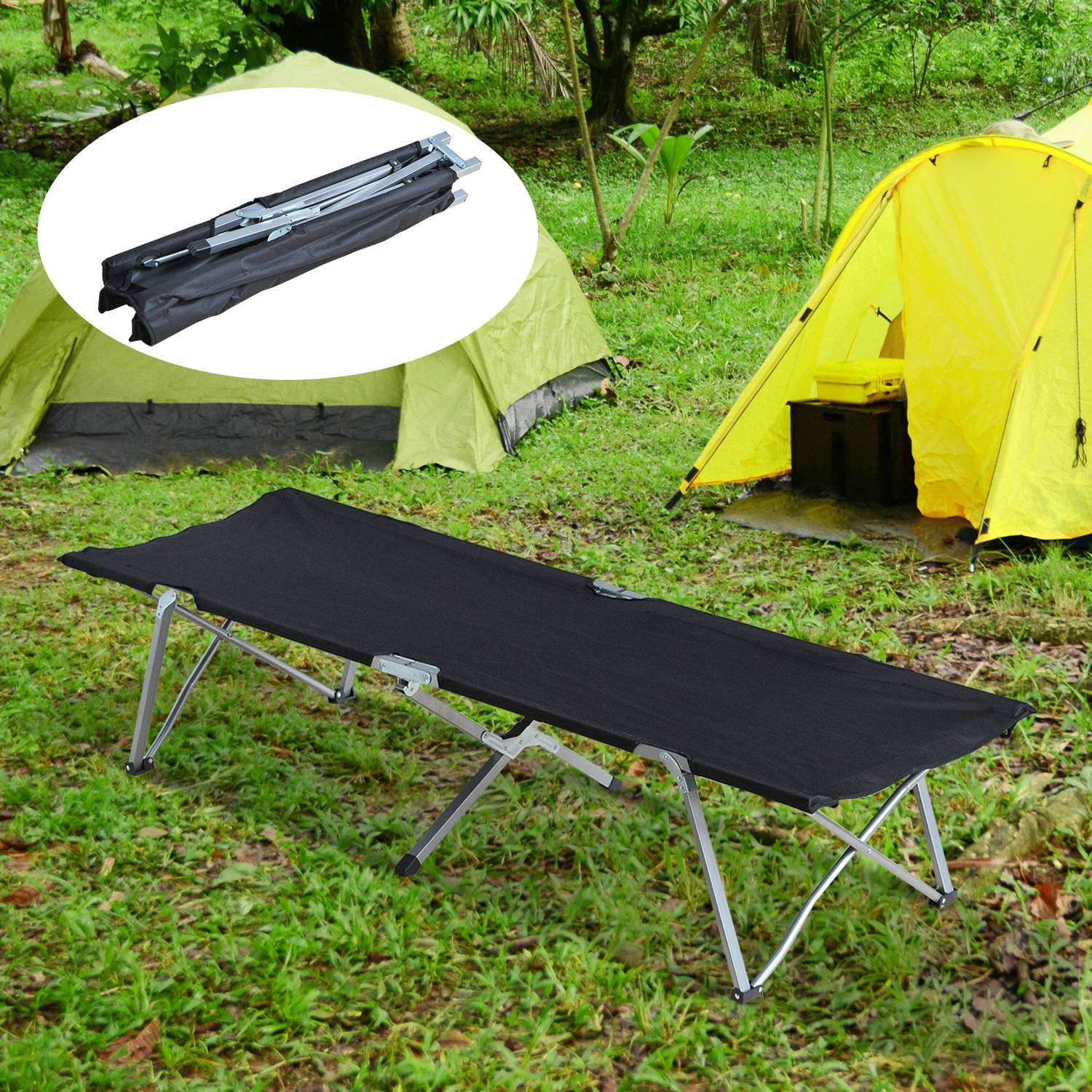 Lit de Camp Pliant Oxford 600D avec Armature Métal, 136 kg, Plage/Randonnée, 193 x 64 x 40 cm, Noir - Image 4