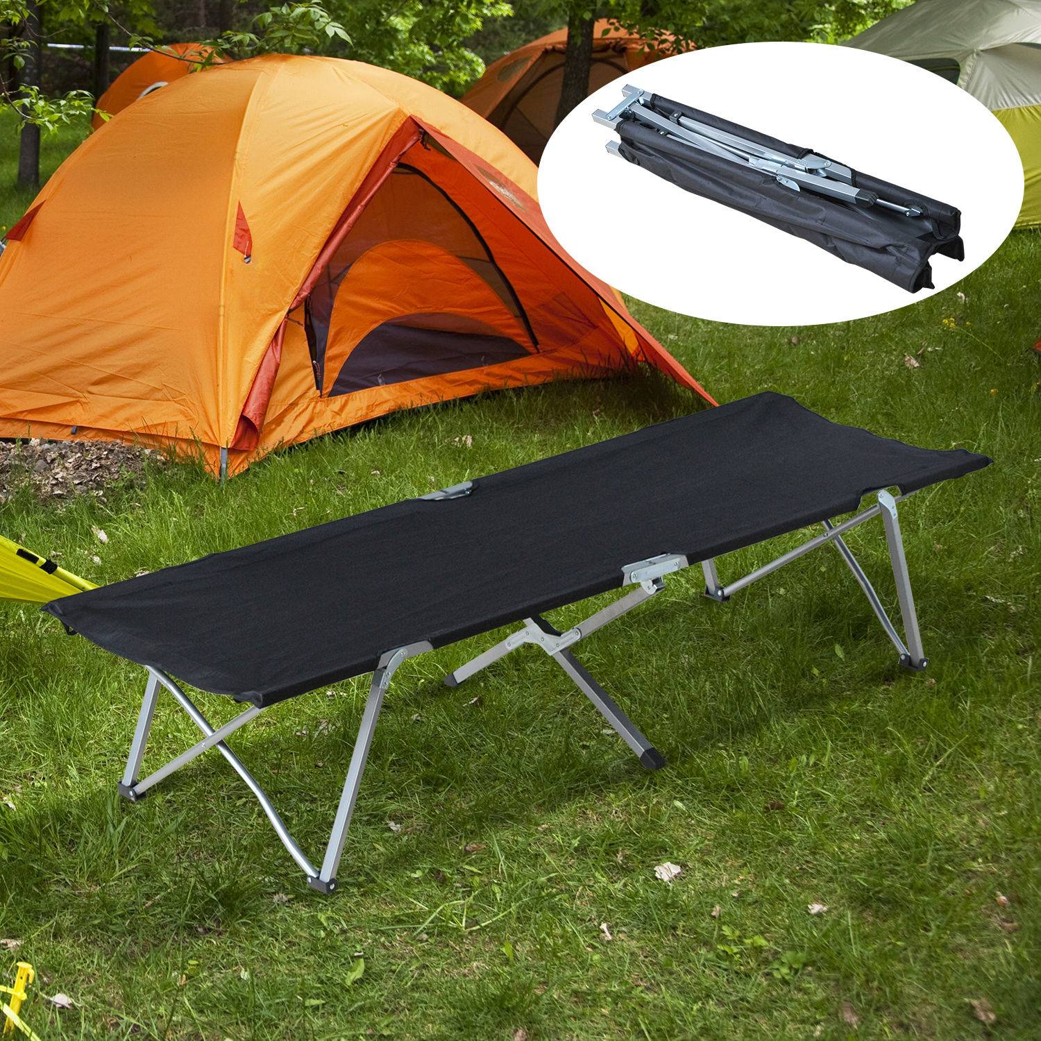 Lit de Camp Pliant Oxford 600D avec Armature Métal, 136 kg, Plage/Randonnée, 193 x 64 x 40 cm, Noir - Image 3