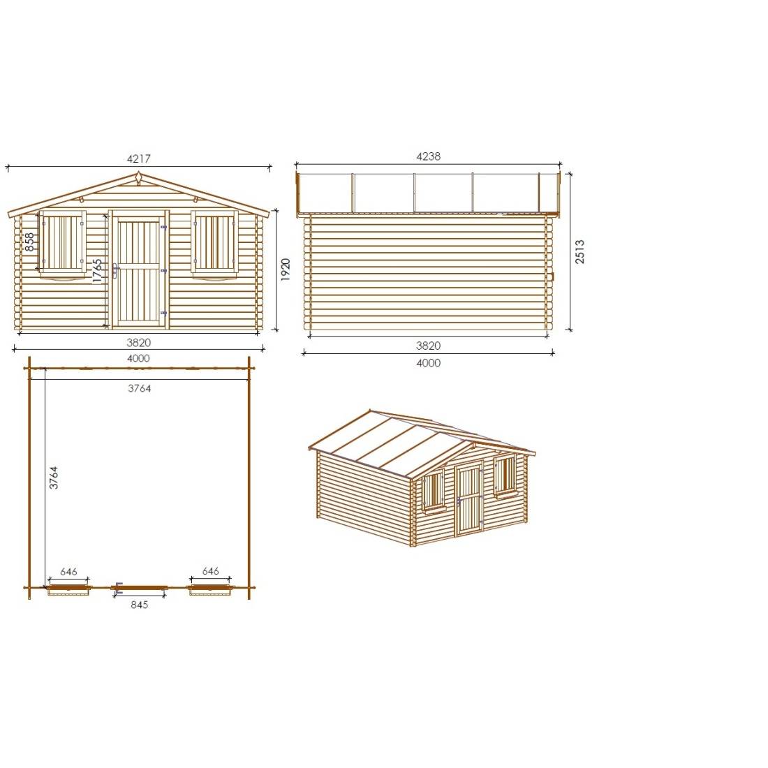 Altanka - Abri de jardin bois traité 16 m² 4x4 m ép. 28 mm couleur marron avec double porte – Altanka - Image 3