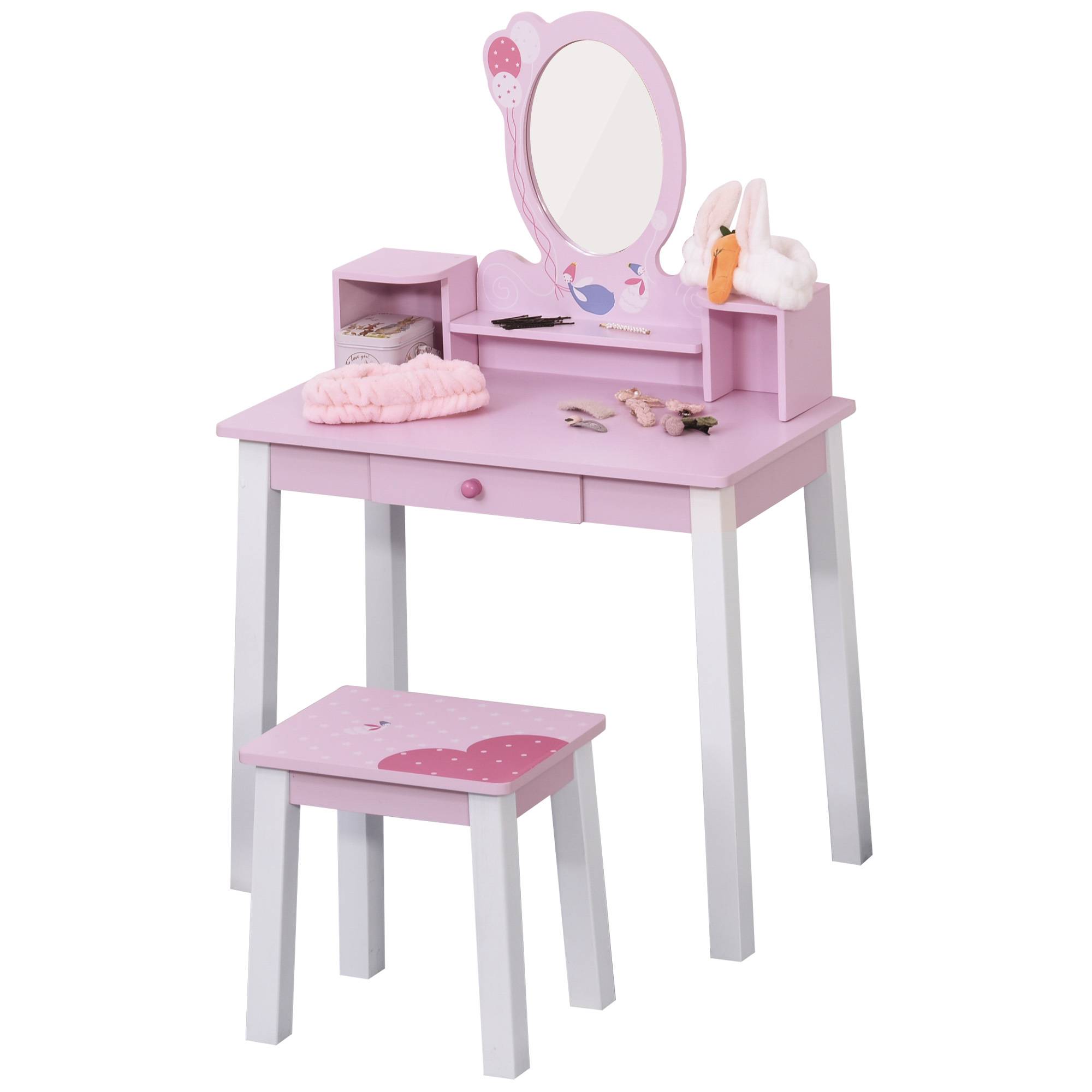 Sans Marque - Coiffeuse pour enfants avec tabouret et miroir style princesse, jouet de maquillage en bois rose pour filles de 3 ans et plus, 60 x 34 x 93 cm - Image 2