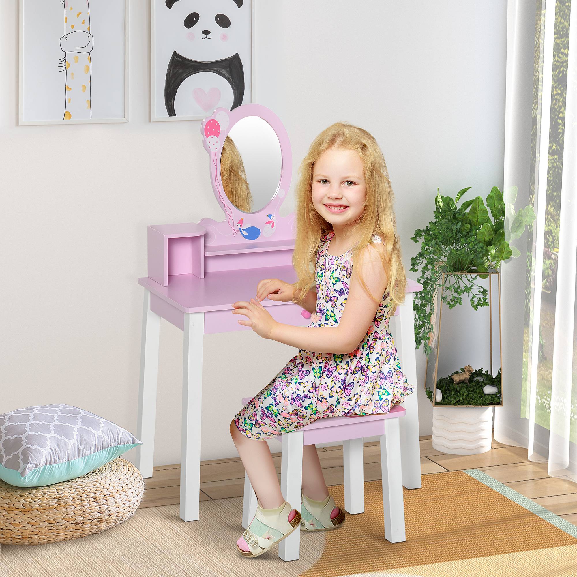 Sans Marque - Coiffeuse pour enfants avec tabouret et miroir style princesse, jouet de maquillage en bois rose pour filles de 3 ans et plus, 60 x 34 x 93 cm - Image 3