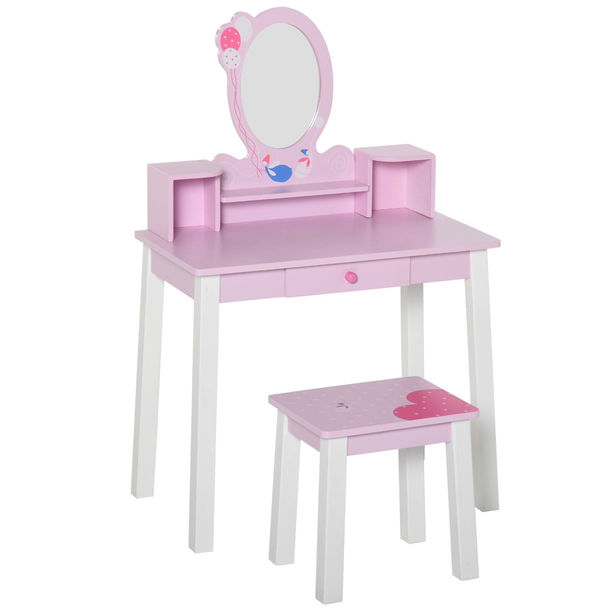 Sans Marque - Coiffeuse pour enfants avec tabouret et miroir style princesse, jouet de maquillage en bois rose pour filles de 3 ans et plus, 60 x 34 x 93 cm