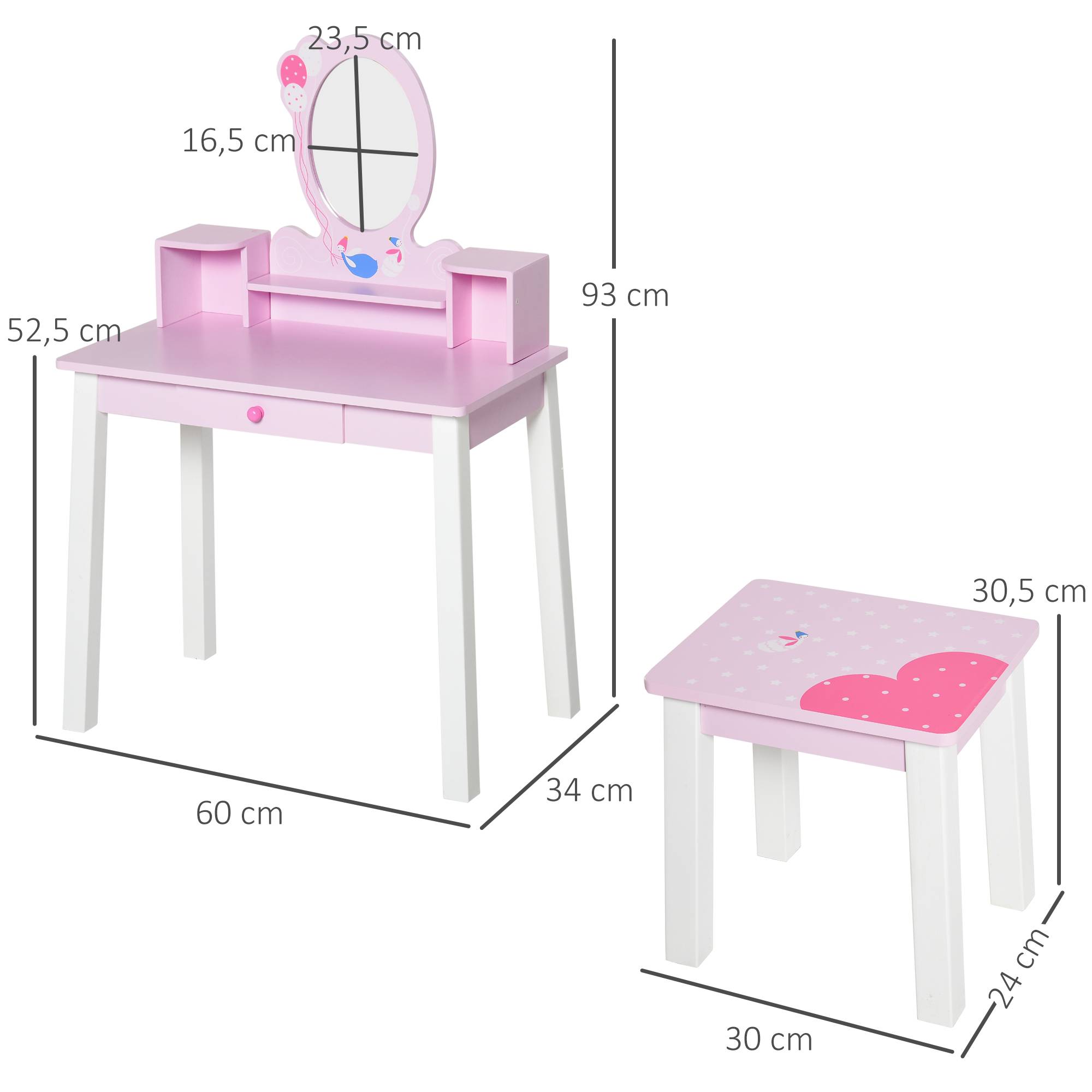 Sans Marque - Coiffeuse pour enfants avec tabouret et miroir style princesse, jouet de maquillage en bois rose pour filles de 3 ans et plus, 60 x 34 x 93 cm - Image 5
