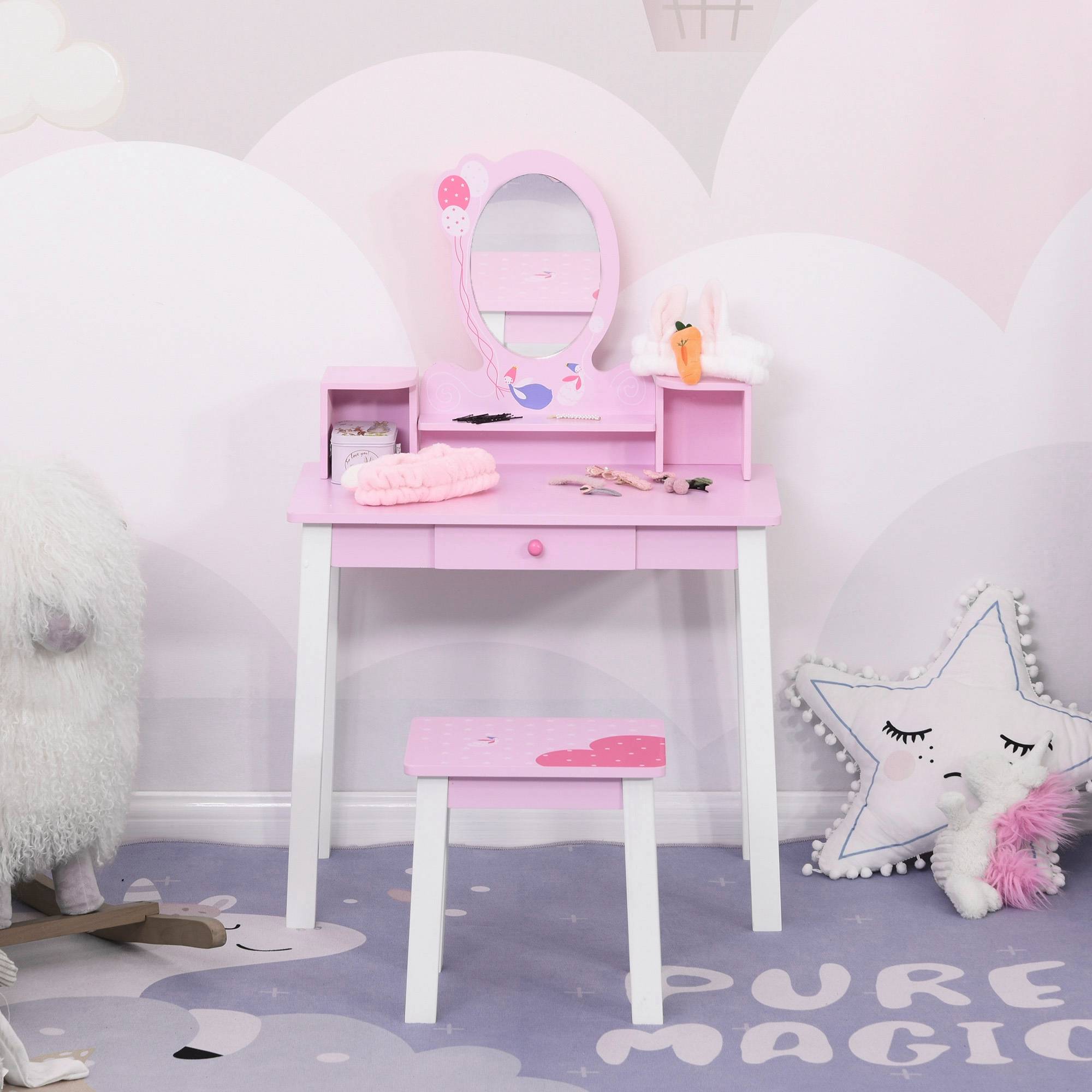Sans Marque - Coiffeuse pour enfants avec tabouret et miroir style princesse, jouet de maquillage en bois rose pour filles de 3 ans et plus, 60 x 34 x 93 cm - Image 4
