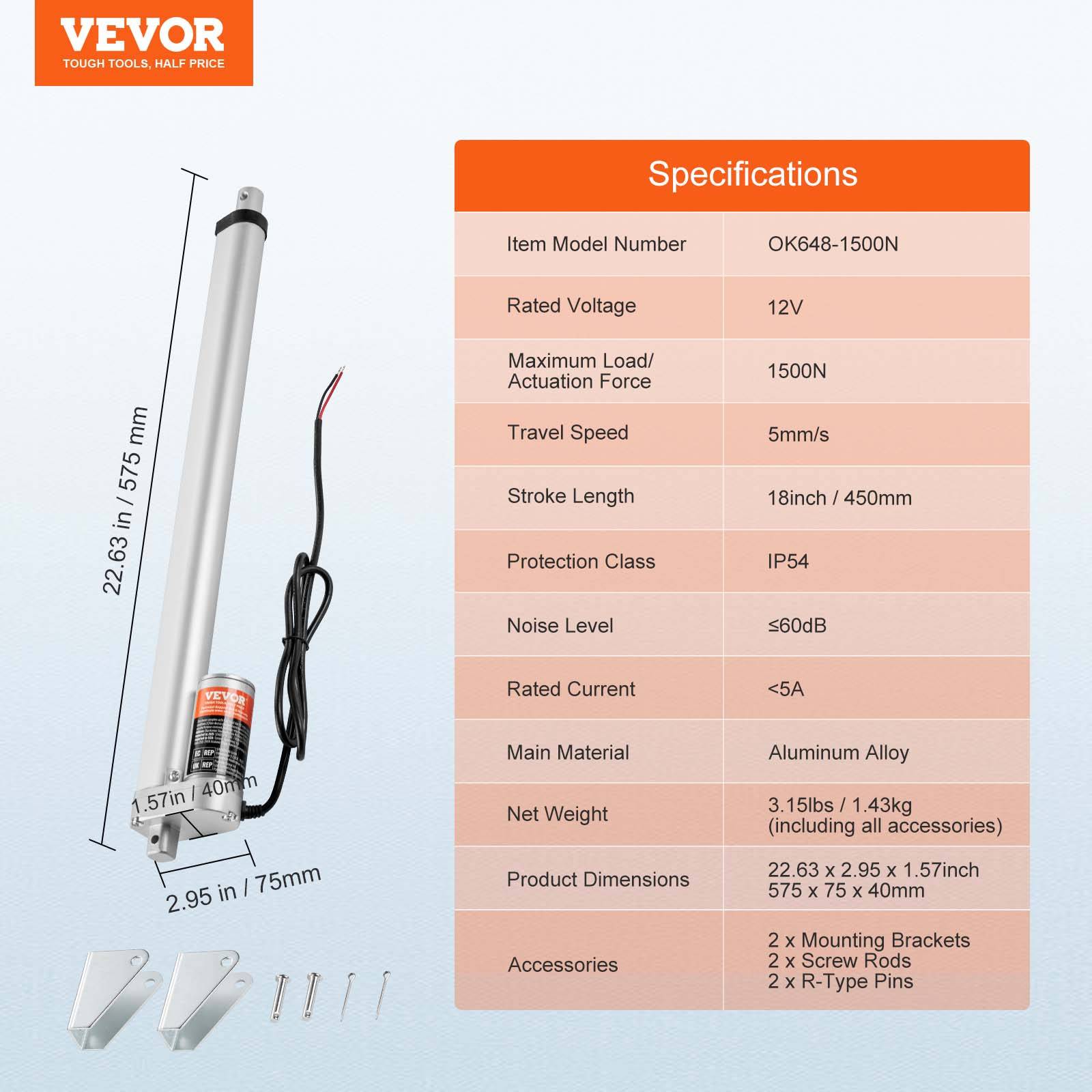 VEVOR Actionneur linéaire 12V 450mm 1500N 5mm/s, IP54, pour meubles, automatisation, équipements mécaniques. - Image 7