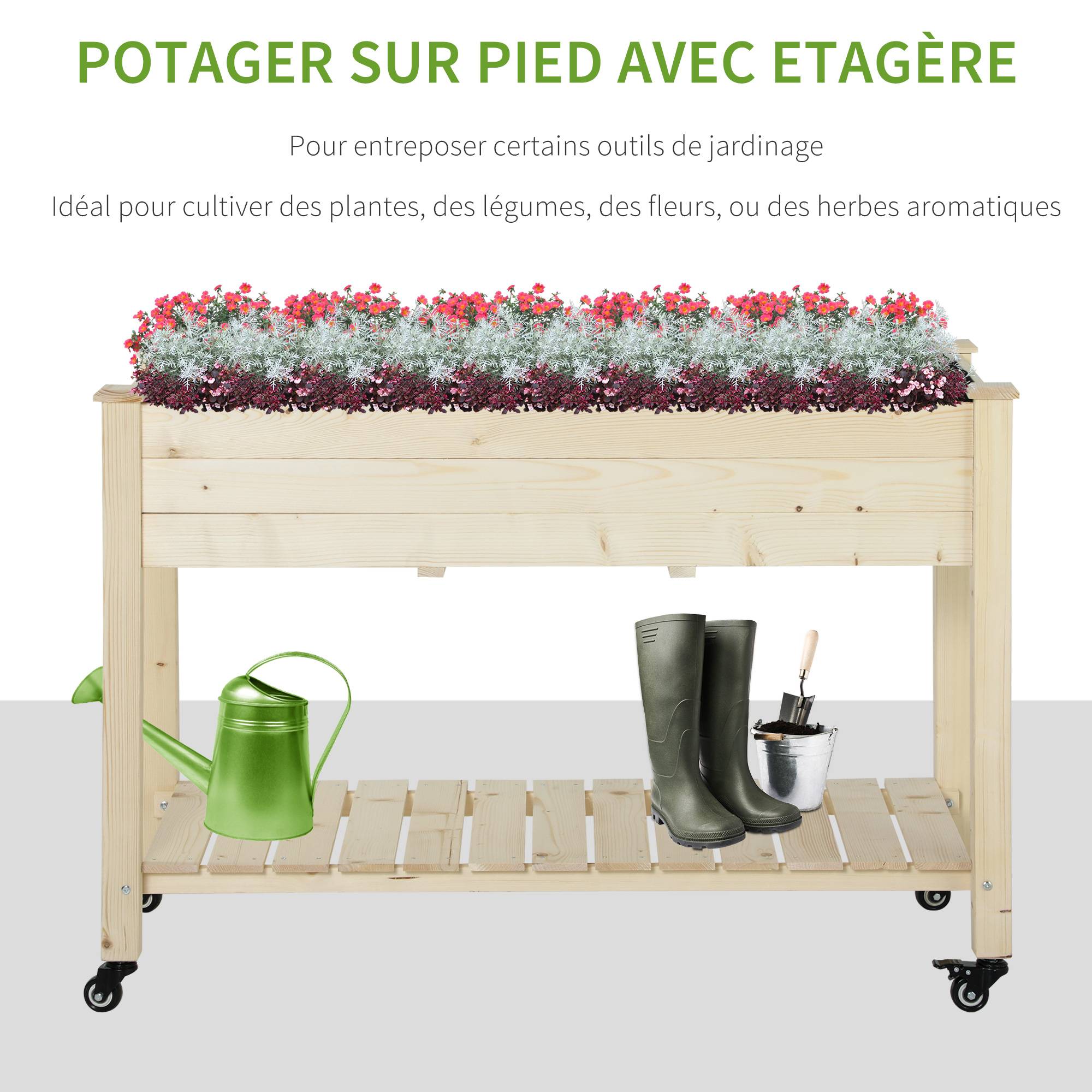 Jardinière sur Pieds - Potager sur roulettes - étagère, Inserts d'irrigation, Feutre de Drainage Inclus - Bois - Image 6