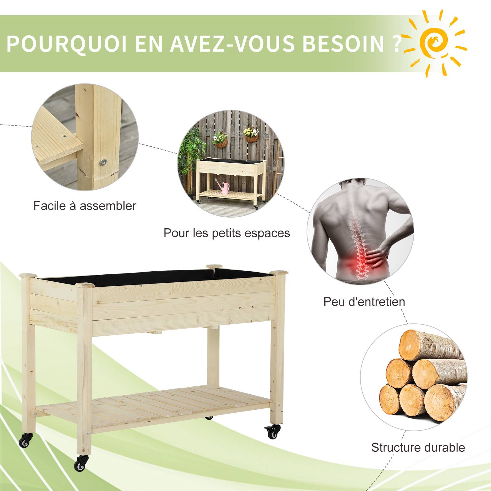 Jardinière sur Pieds - Potager sur roulettes - étagère, Inserts d'irrigation, Feutre de Drainage Inclus - Bois - Image 9