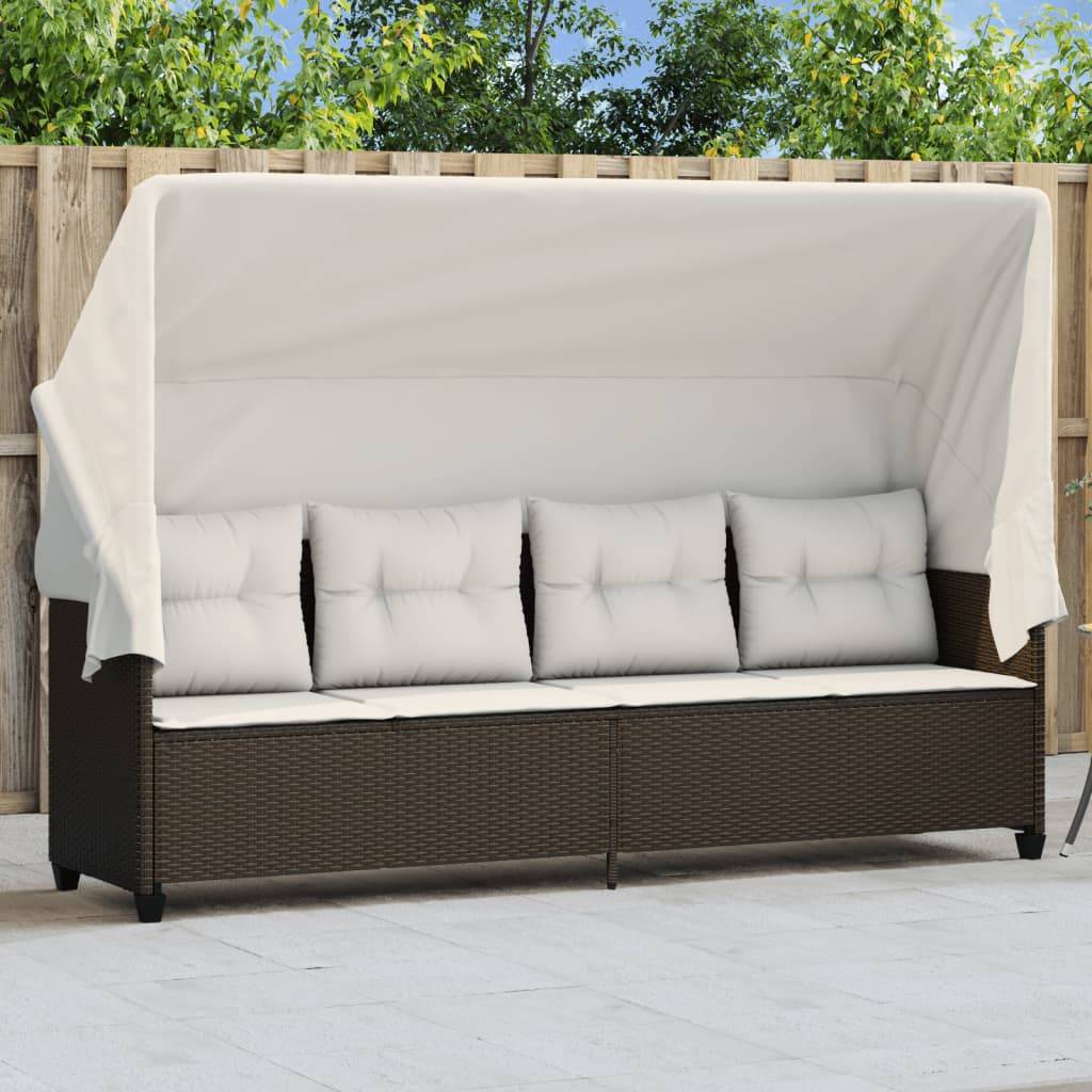 Chaise longue résine tressée marron avec auvent et coussins 204 x 75 x 140 cm, Poids :23.2kg - PANGIVO - Image 1