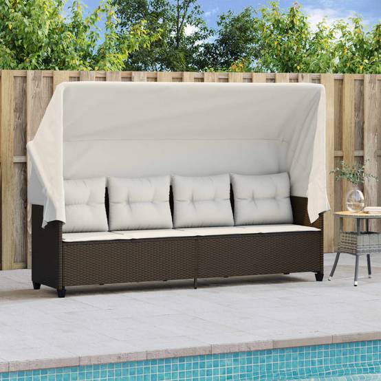 Chaise longue résine tressée marron avec auvent et coussins 204 x 75 x 140 cm, Poids :23.2kg - PANGIVO - Image 3