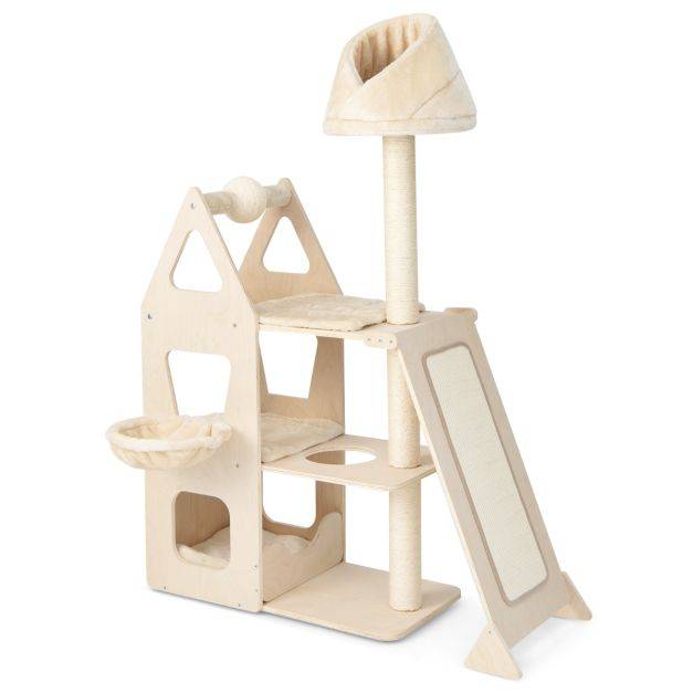Helloshop26 - Arbre à chat en bois massif 162 cm tour de chat multicouche balle et poteaux rotatifs à gratter rampe de sisal beige - Image 2