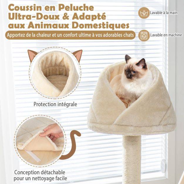 Helloshop26 - Arbre à chat en bois massif 162 cm tour de chat multicouche balle et poteaux rotatifs à gratter rampe de sisal beige - Image 4