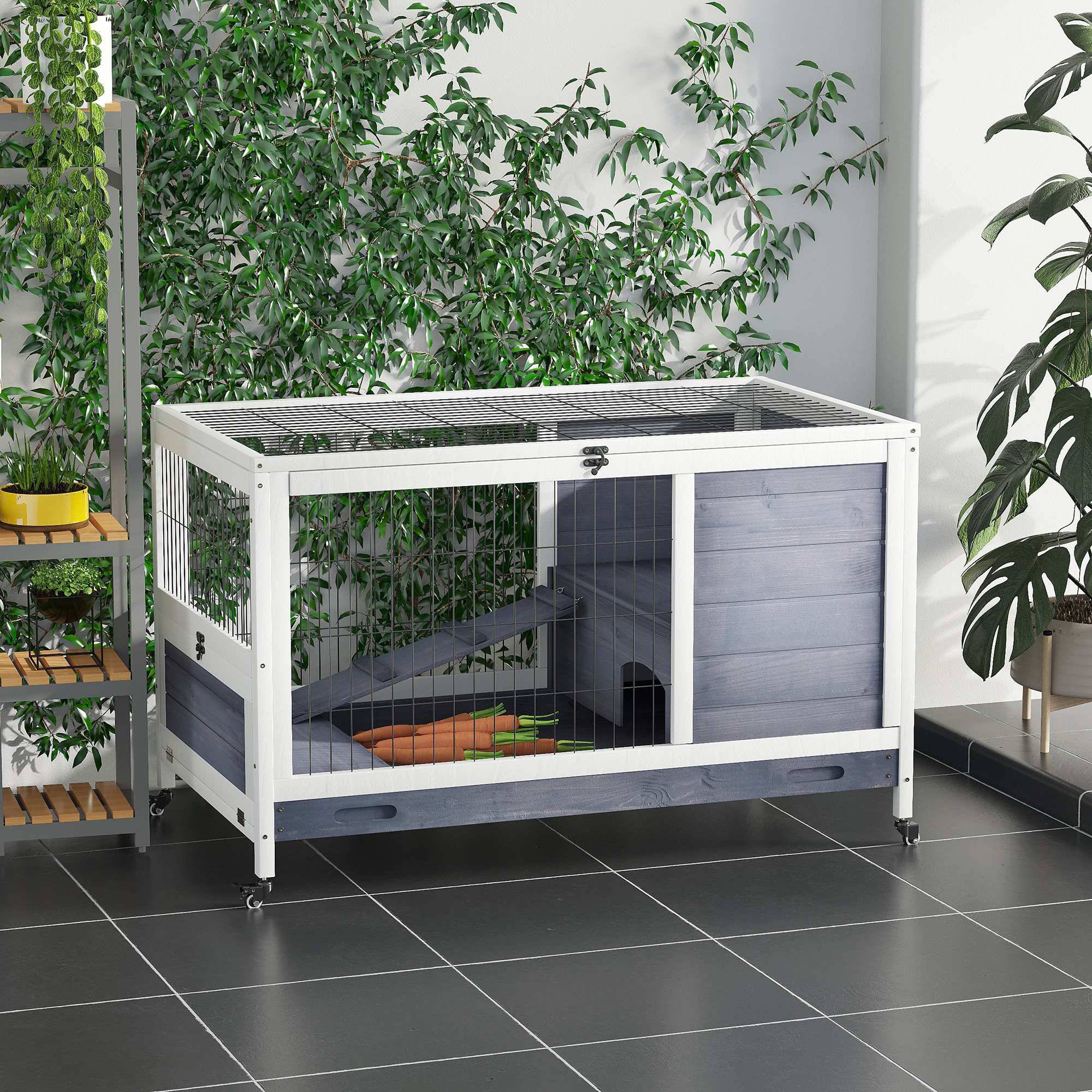 Cage lapins bois, roues, toit ouvrant, rampe, plateau extractible, hiver, 90 x 53 x 59 cm, blanc - Image 3