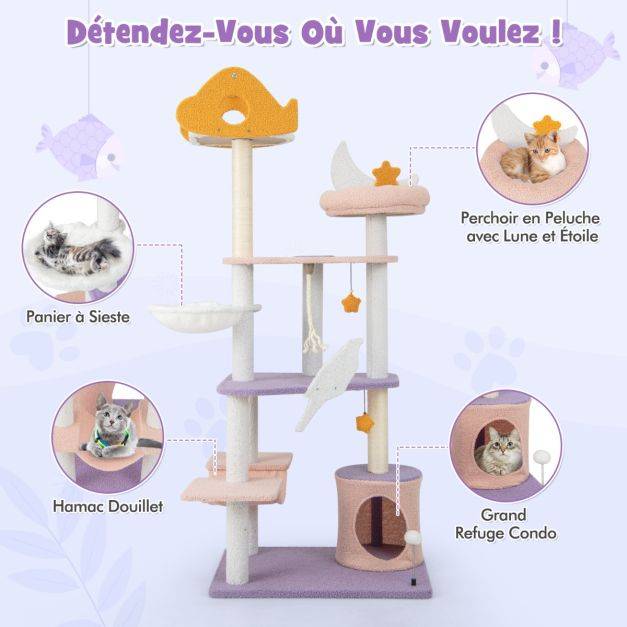 Helloshop26 - Arbre à chat tour à plusieurs niveaux de 167 cm griffoirs recouverts de sisal plate-forme en forme d'avion perchoir en peluche en sisal violet - Image 4