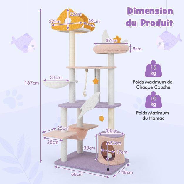 Helloshop26 - Arbre à chat tour à plusieurs niveaux de 167 cm griffoirs recouverts de sisal plate-forme en forme d'avion perchoir en peluche en sisal violet - Image 6