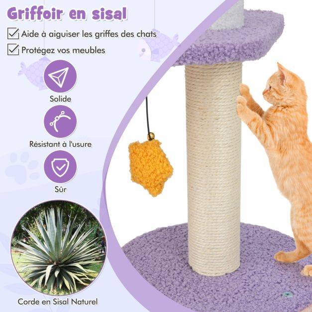 Helloshop26 - Arbre à chat tour à plusieurs niveaux de 167 cm griffoirs recouverts de sisal plate-forme en forme d'avion perchoir en peluche en sisal violet - Image 5